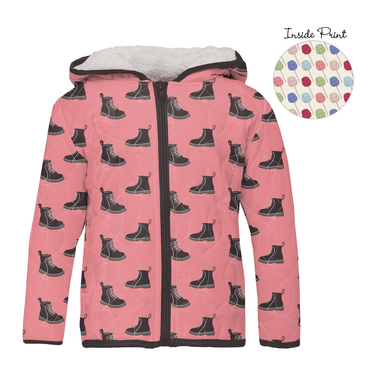 Print Quilted Jacket with Sherpa-Lined Hood in Strawberry Boots/Lula's Lollipops