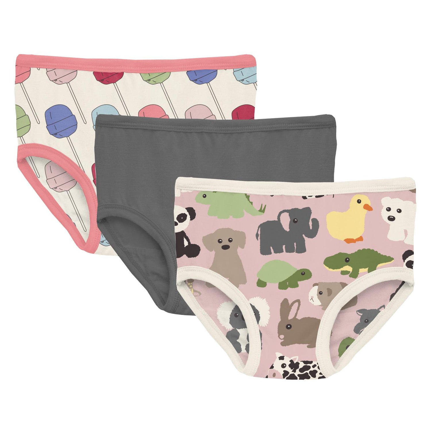 Print Girl's Underwear Set of 3 in Lula's Lollipops, Pewter & Baby Rose Too Many Stuffies