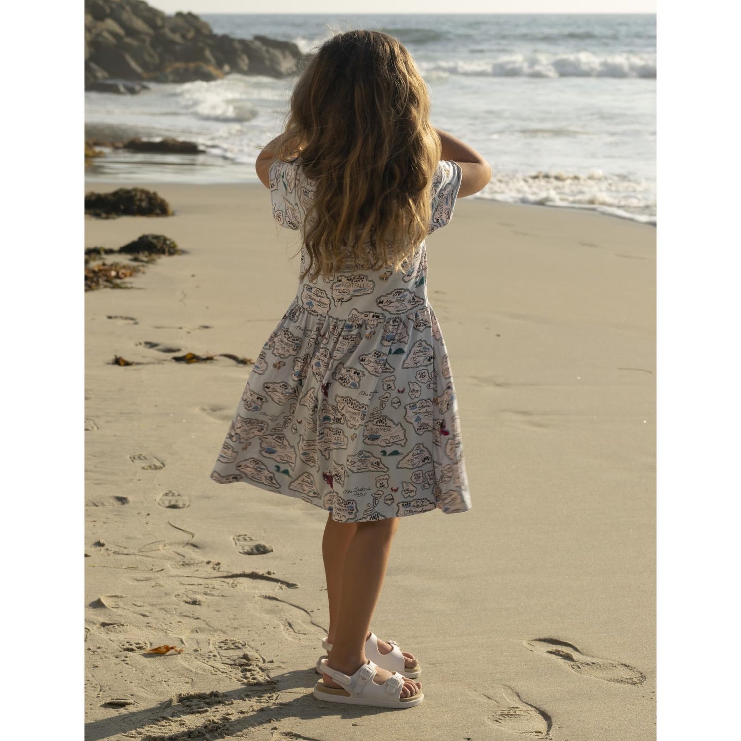 Print Flutter Sleeve Twirl Dress with Pockets in Dew Pirate Map