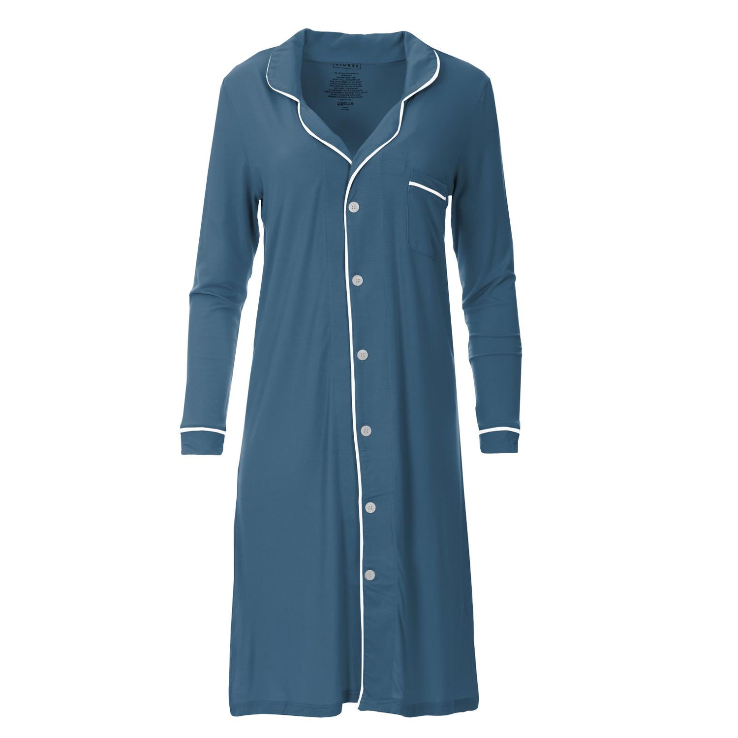 Women's Long Sleeve Button Down Nightshirt in Deep Sea with Natural