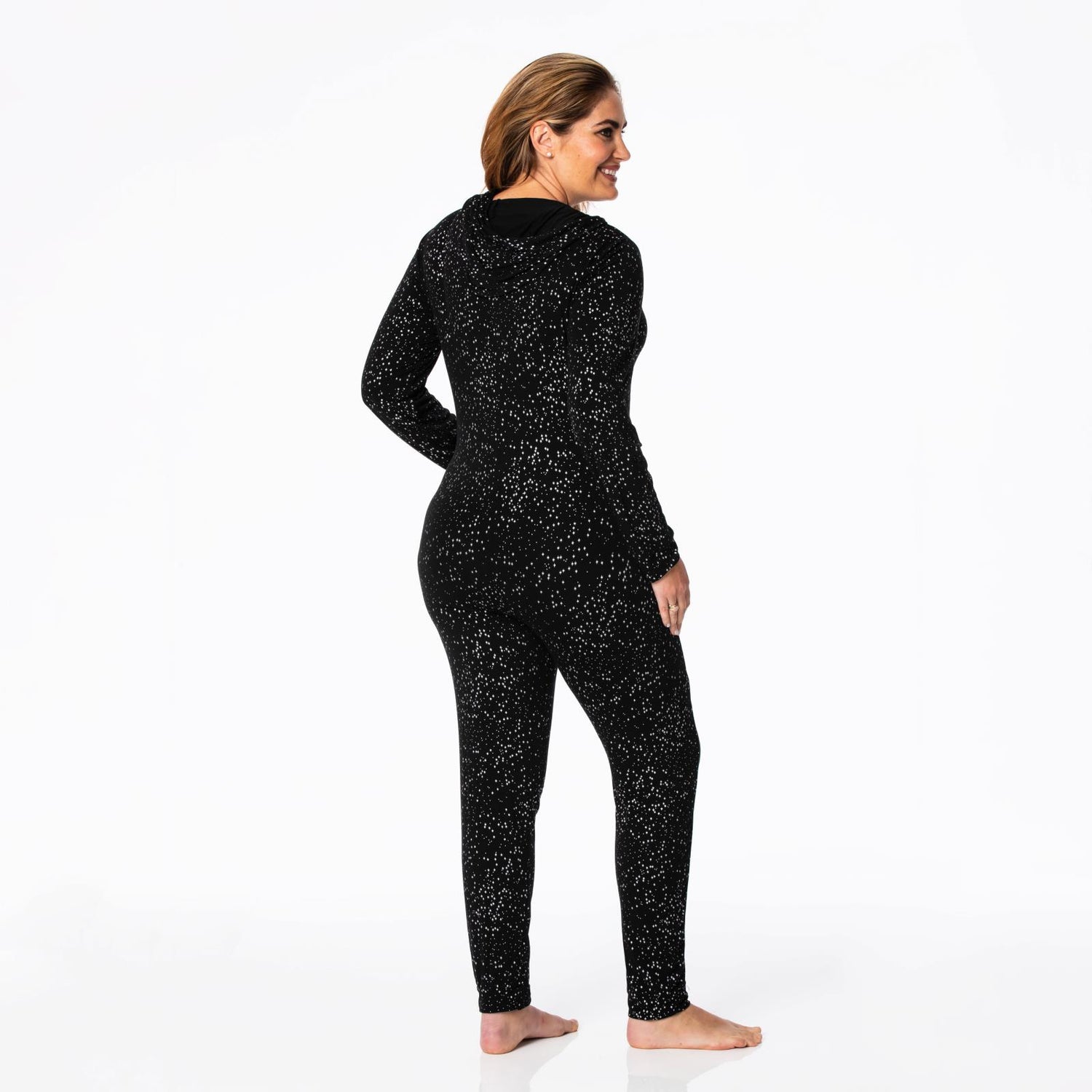 Women's Print Long Sleeve Jumpsuit with Hood in Midnight Foil Constellations