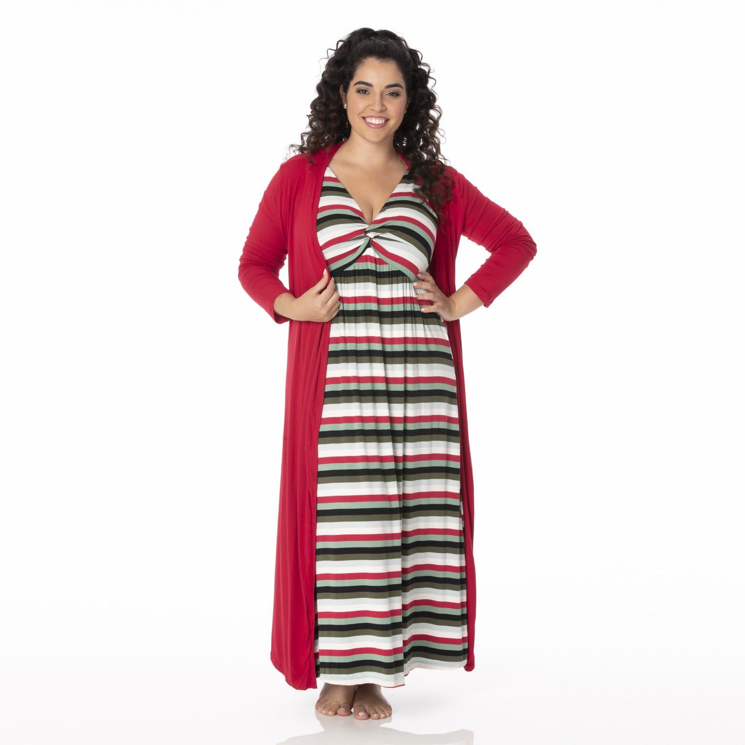Print Simple Twist Nightgown in Christmas Multi Stripe