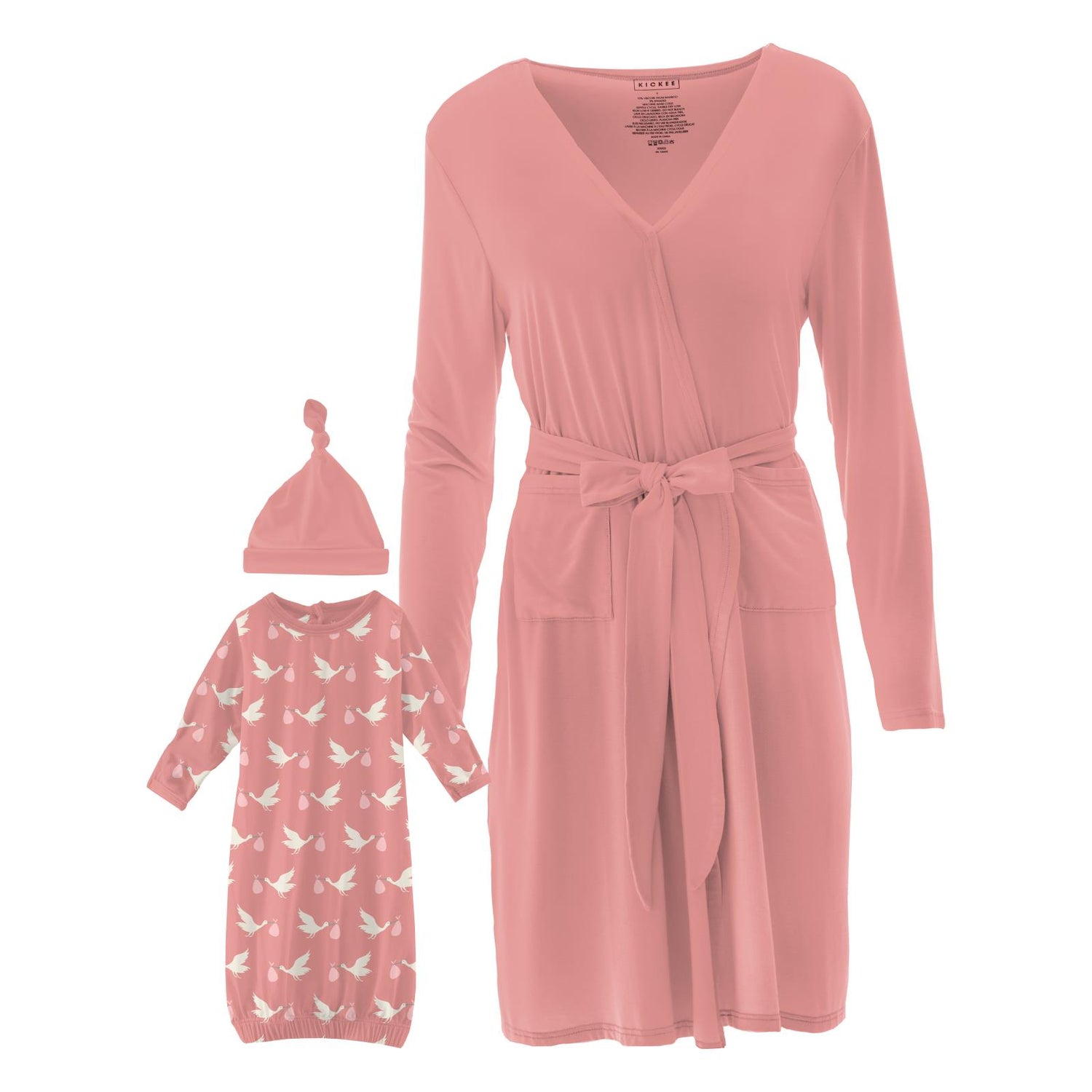 Women's Print Mid Length Lounge Robe & Layette Gown Set in Blush Stork