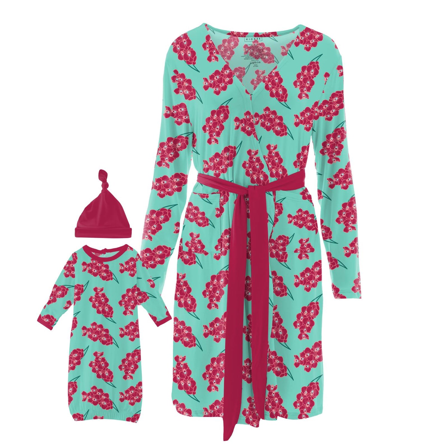 Women's Print Mid Length Lounge Robe &amp; Layette Gown Set in Glass Orchids