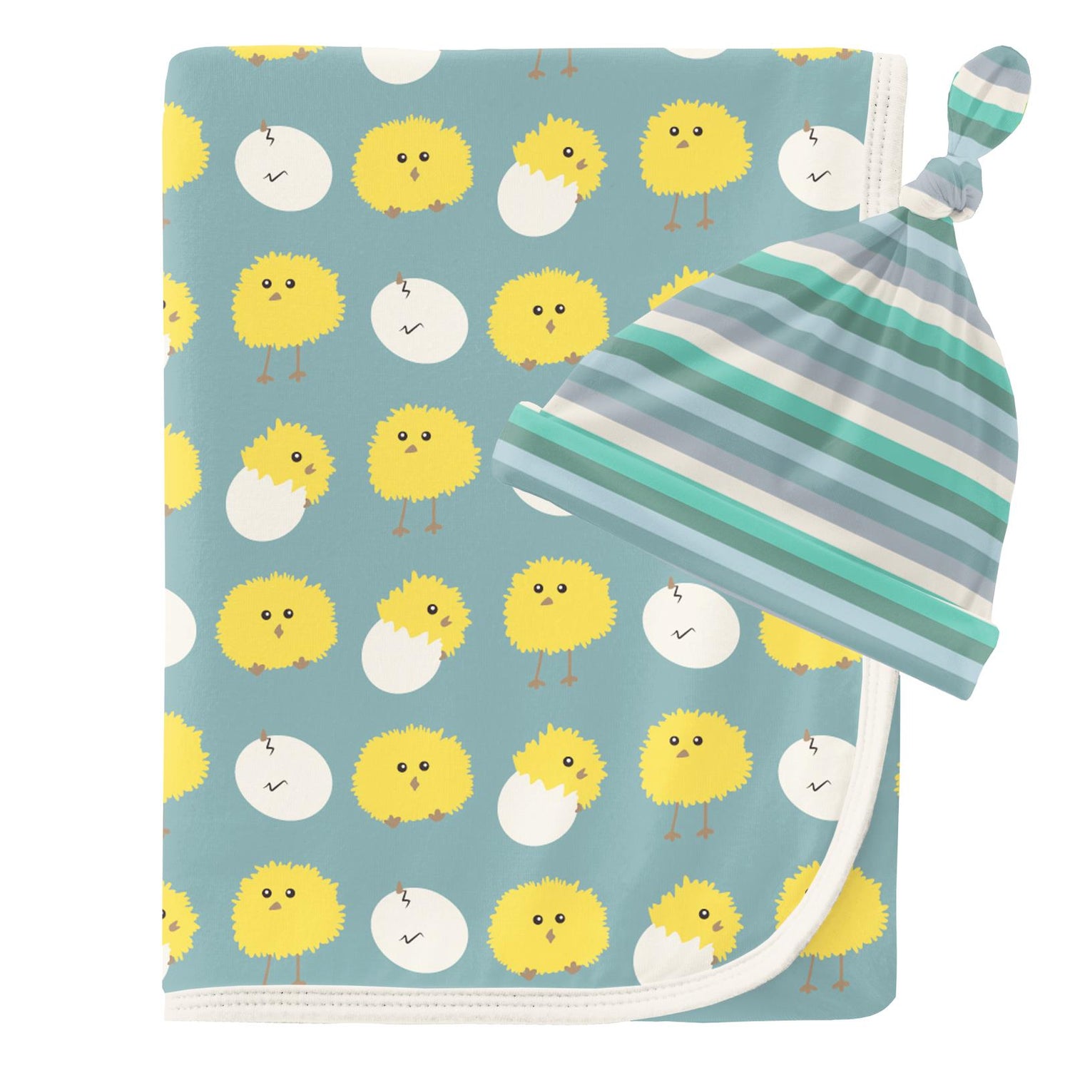 Print Swaddling Blanket and Knot Hat Set in Jade Peep Peeps/April Showers Stripe