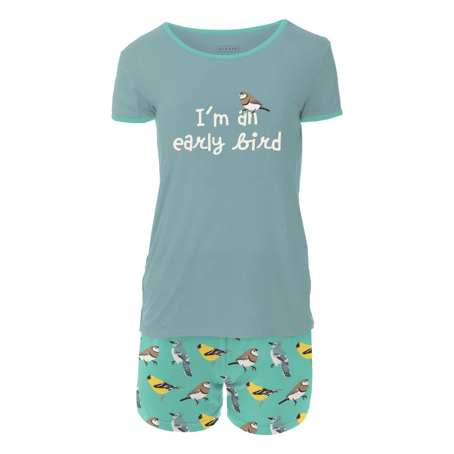 Women's Short Sleeve Graphic Tee Fitted Pajama Set with Shorts in Glass Spring Birds