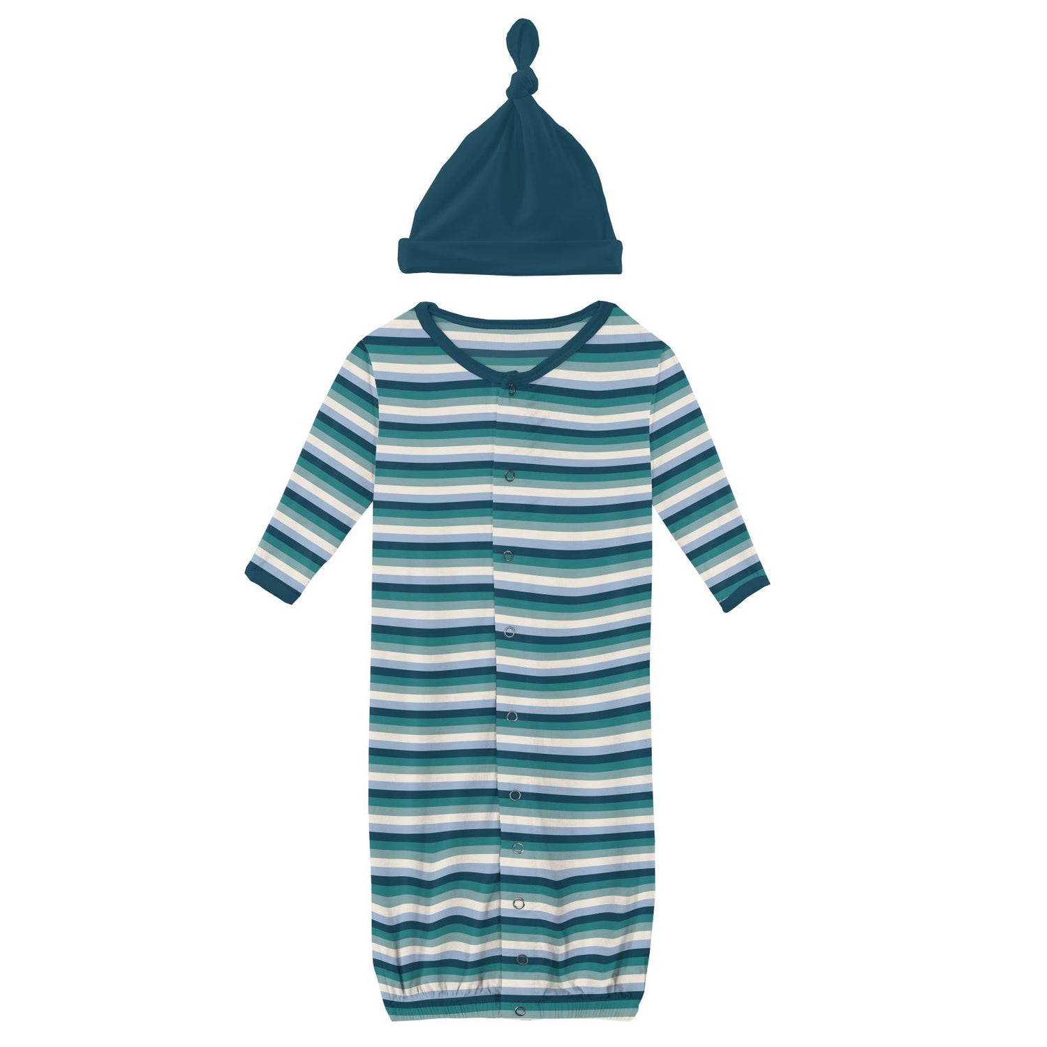 Print Layette Gown Converter & Single Knot Hat Set in Dino Stripe