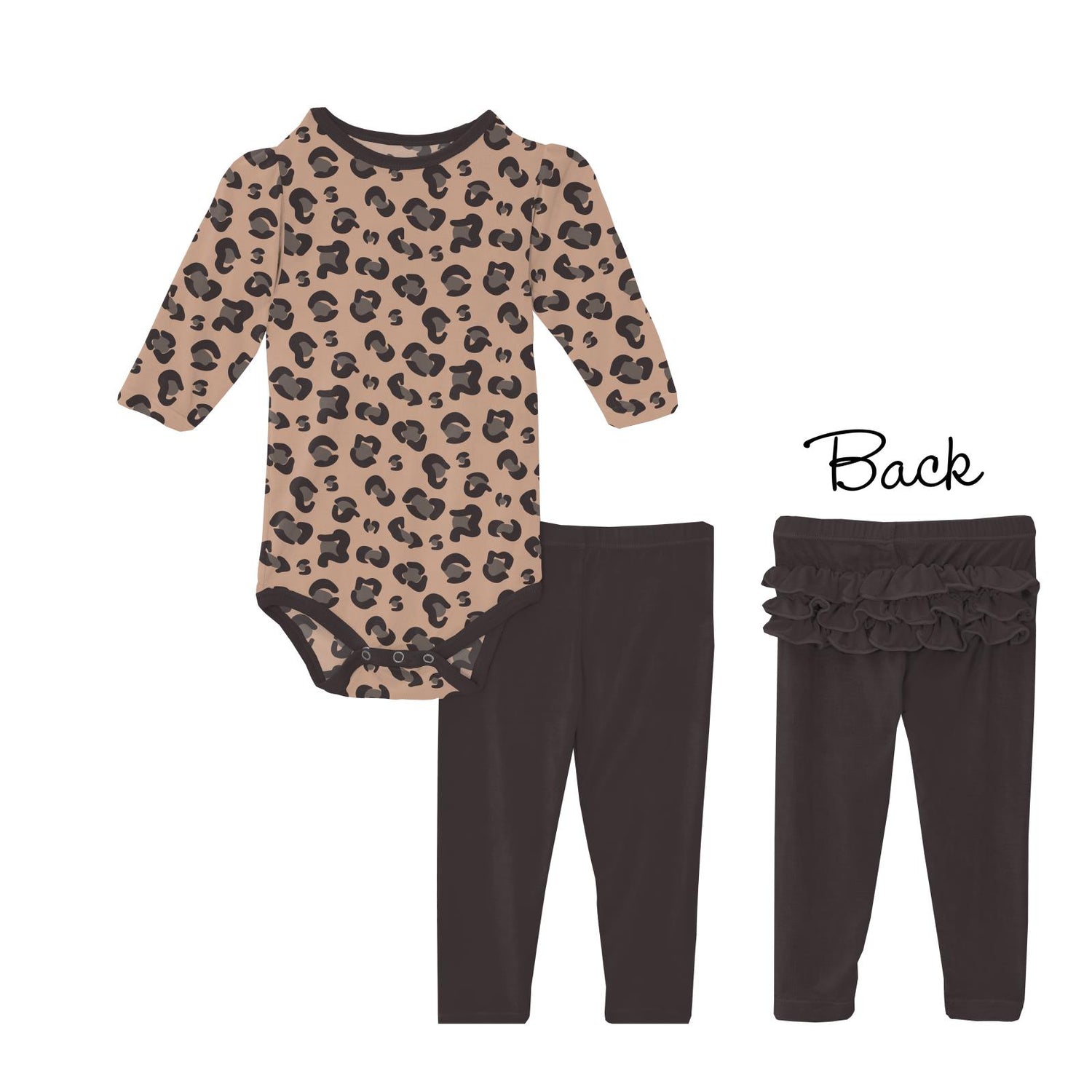 Print Long Sleeve Puff One Piece and Ruffle Leggings Outfit Set in Suede Cheetah Print