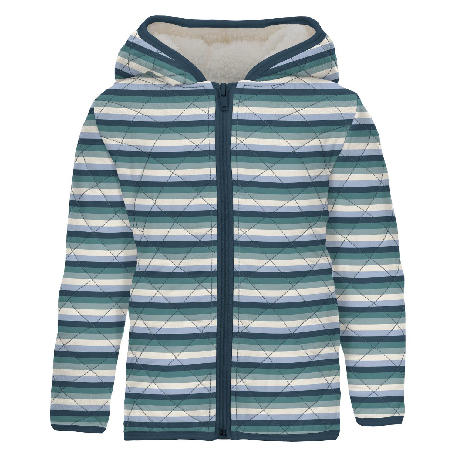 Print Quilted Jacket with Sherpa-Lined Hood in Dino Stripe/Parisian Blue Orca