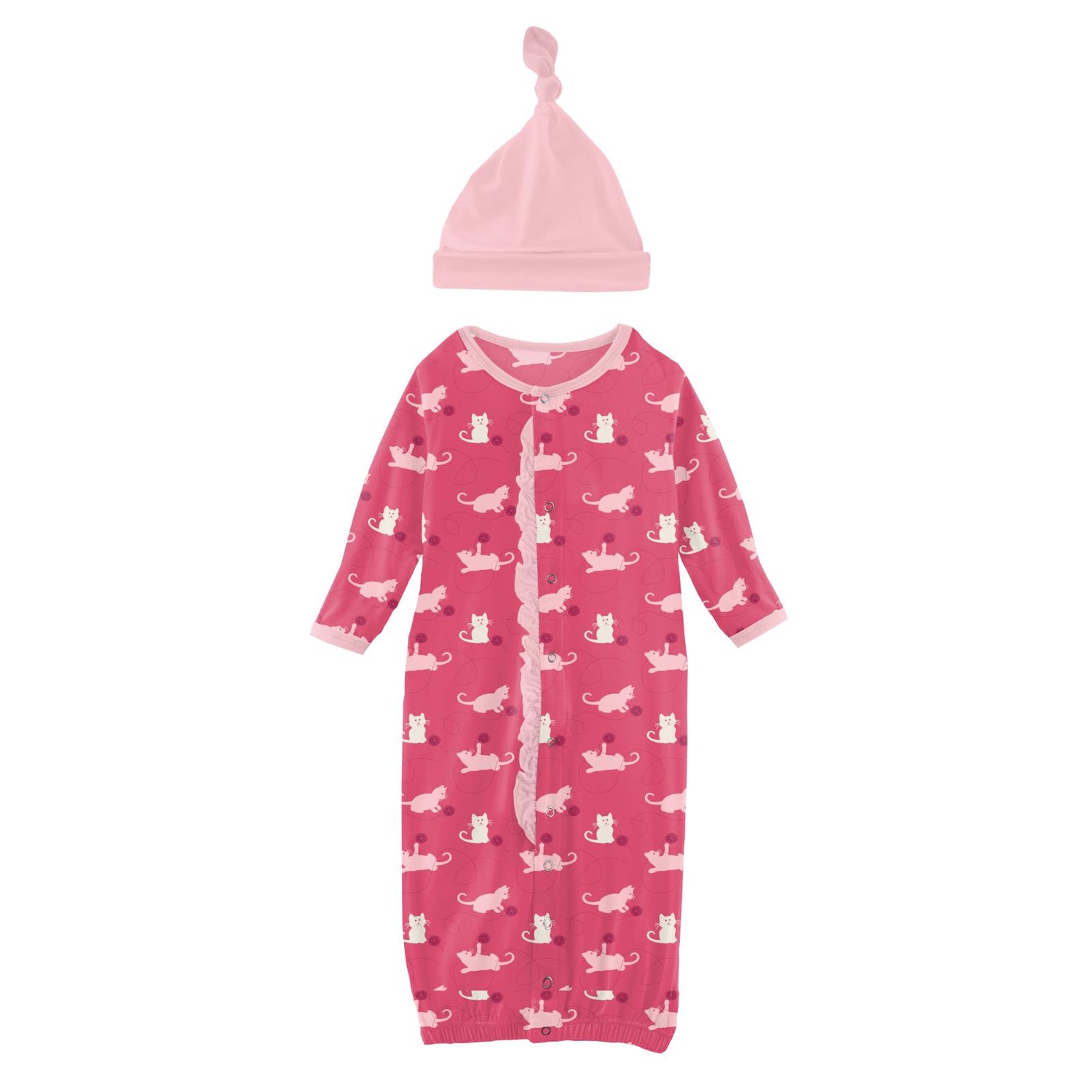 Print Ruffle Layette Gown Converter & Single Knot Hat Set in Winter Rose Kitty