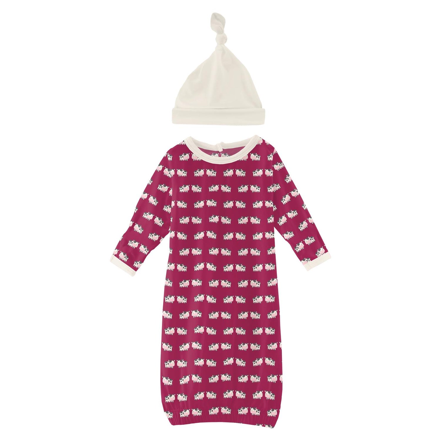 Print Layette Gown & Single Knot Hat Set in Berry Cow