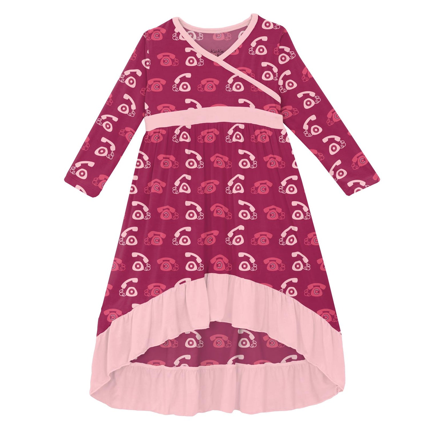 Print Long Sleeve Hi Lo Maxi Dress in Berry Telephone