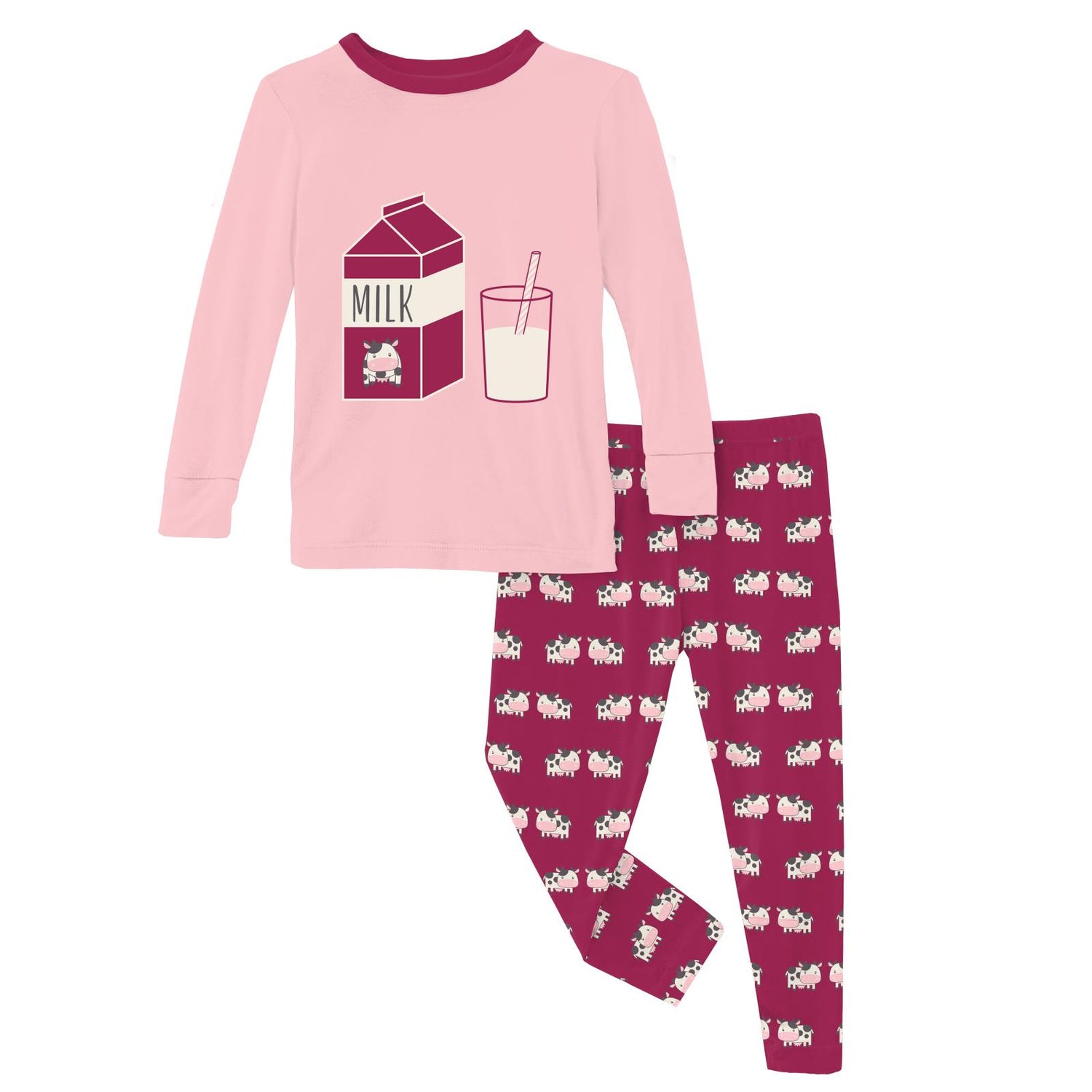 Long Sleeve Graphic Tee Pajama Set in Berry Cow