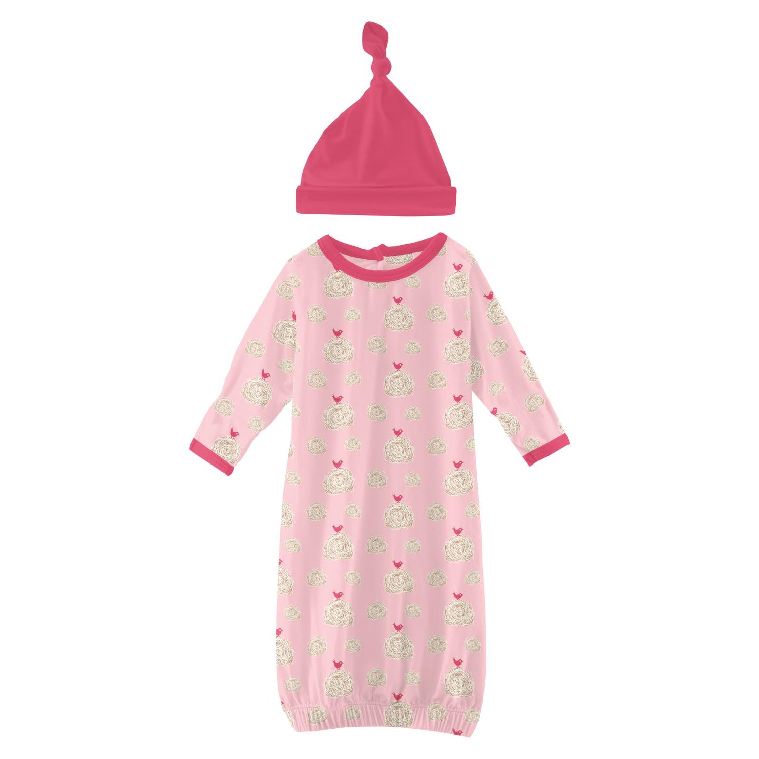 Print Layette Gown & Single Knot Hat Set in Lotus Hay Bales