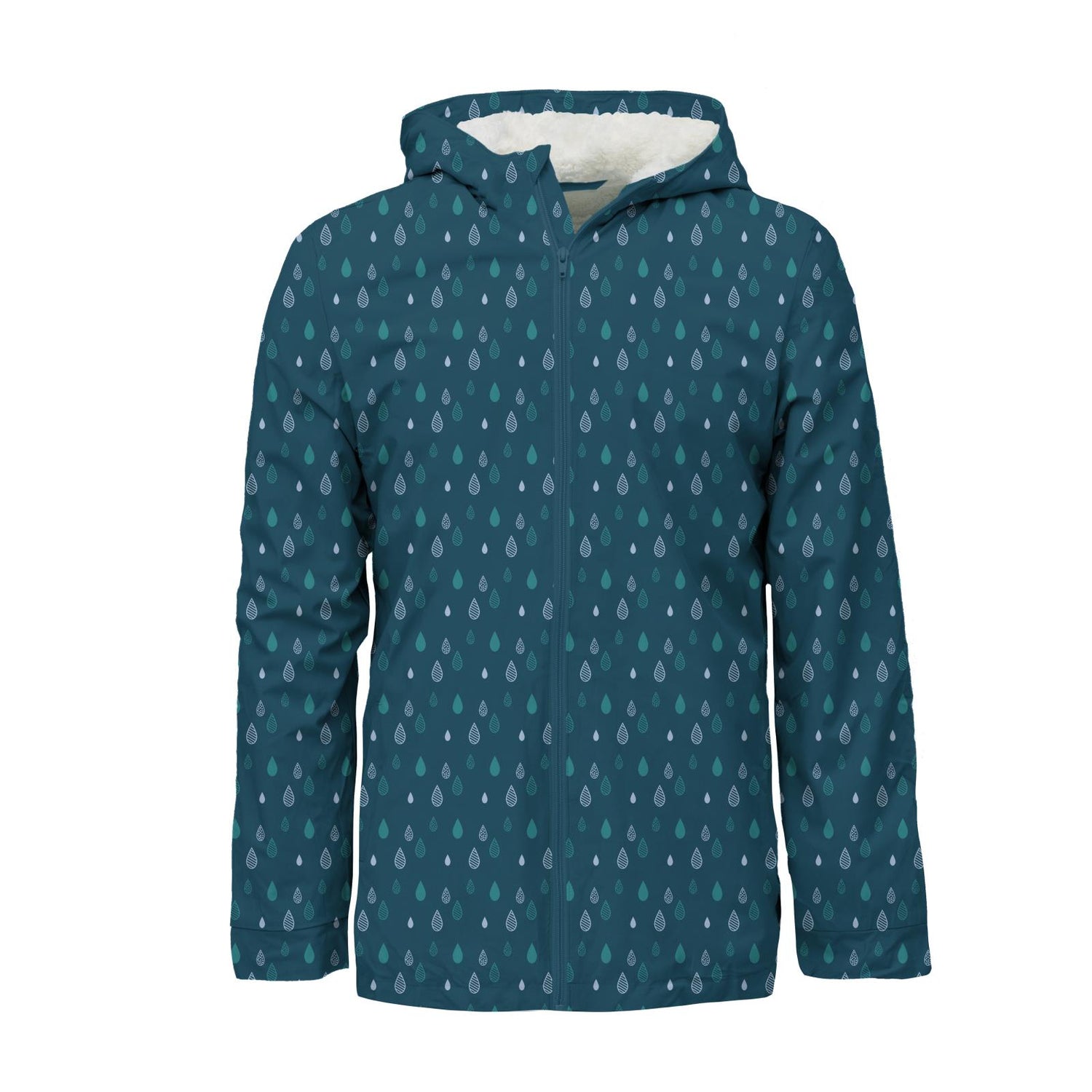 Men's Print Sherpa-Lined Hooded Rain Jacket in Peacock Raindrops