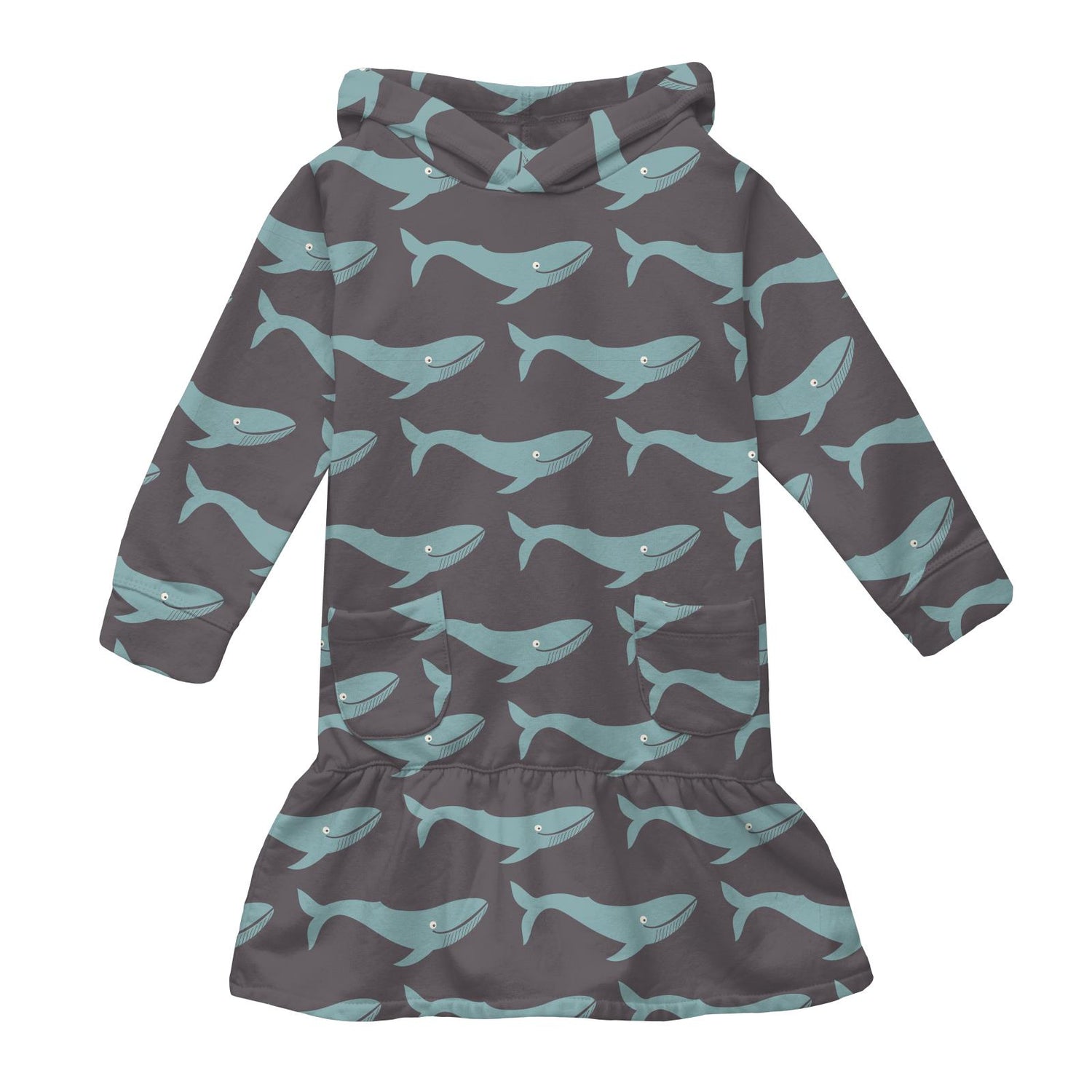Print Long Sleeve Fleece Hoodie Dress in Rain Whale