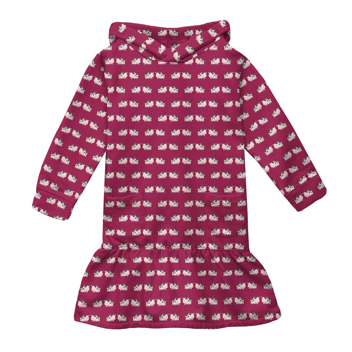 Print Long Sleeve Fleece Hoodie Dress in Berry Cow
