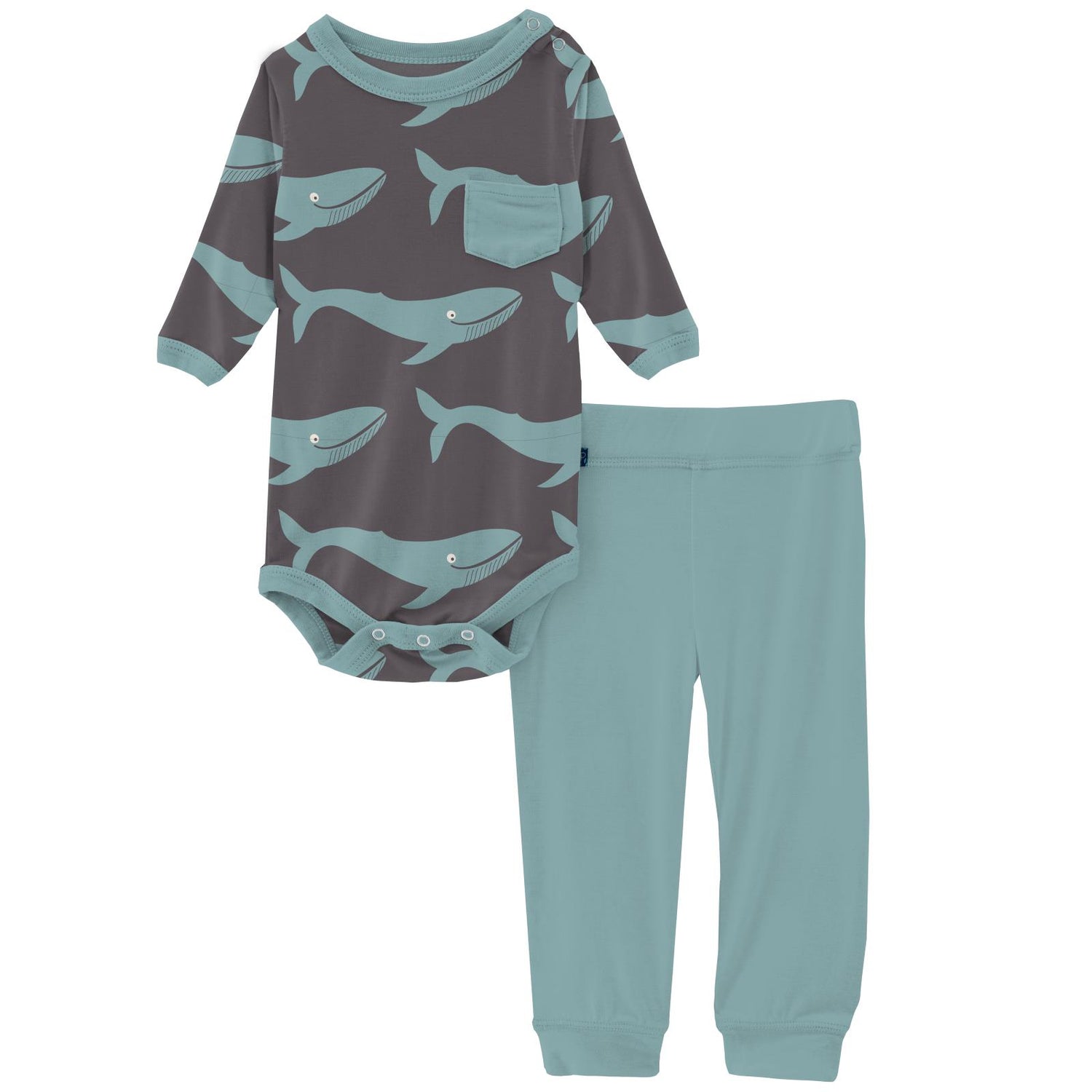 Print Long Sleeve Pocket One Piece and Pant Outfit Set in Rain Whale