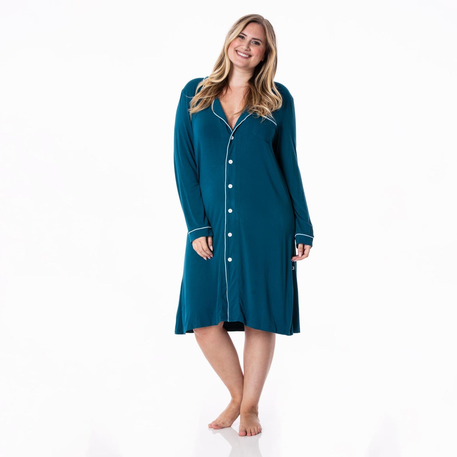 Women's Long Sleeve Button Down Night Shirt in Peacock with Pond