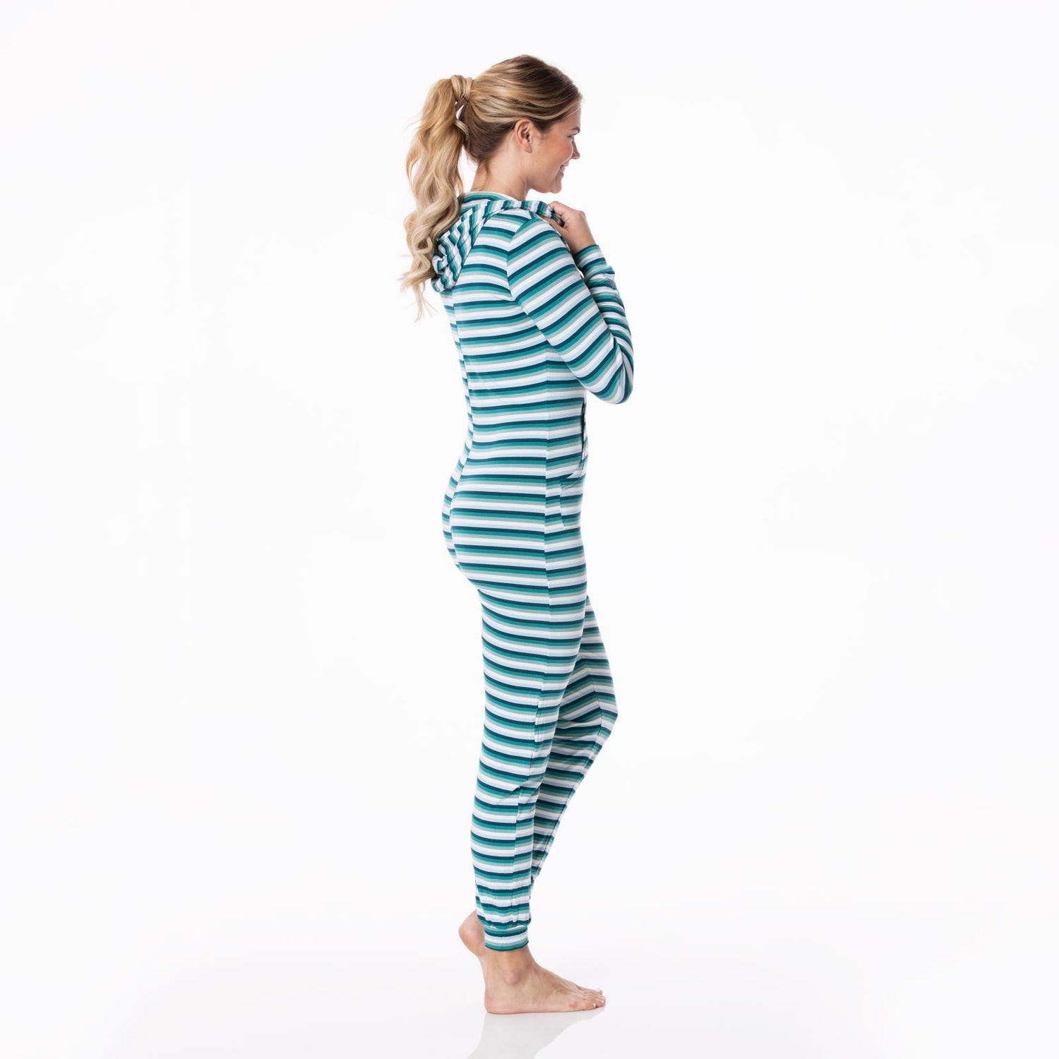 Women's Print Long Sleeve Jumpsuit with Hood in Dino Stripe