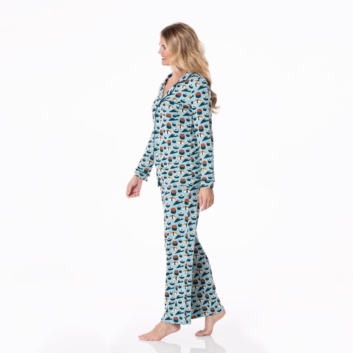 Women's Print Long Sleeve Collared Pajama Set in Jade Sushi
