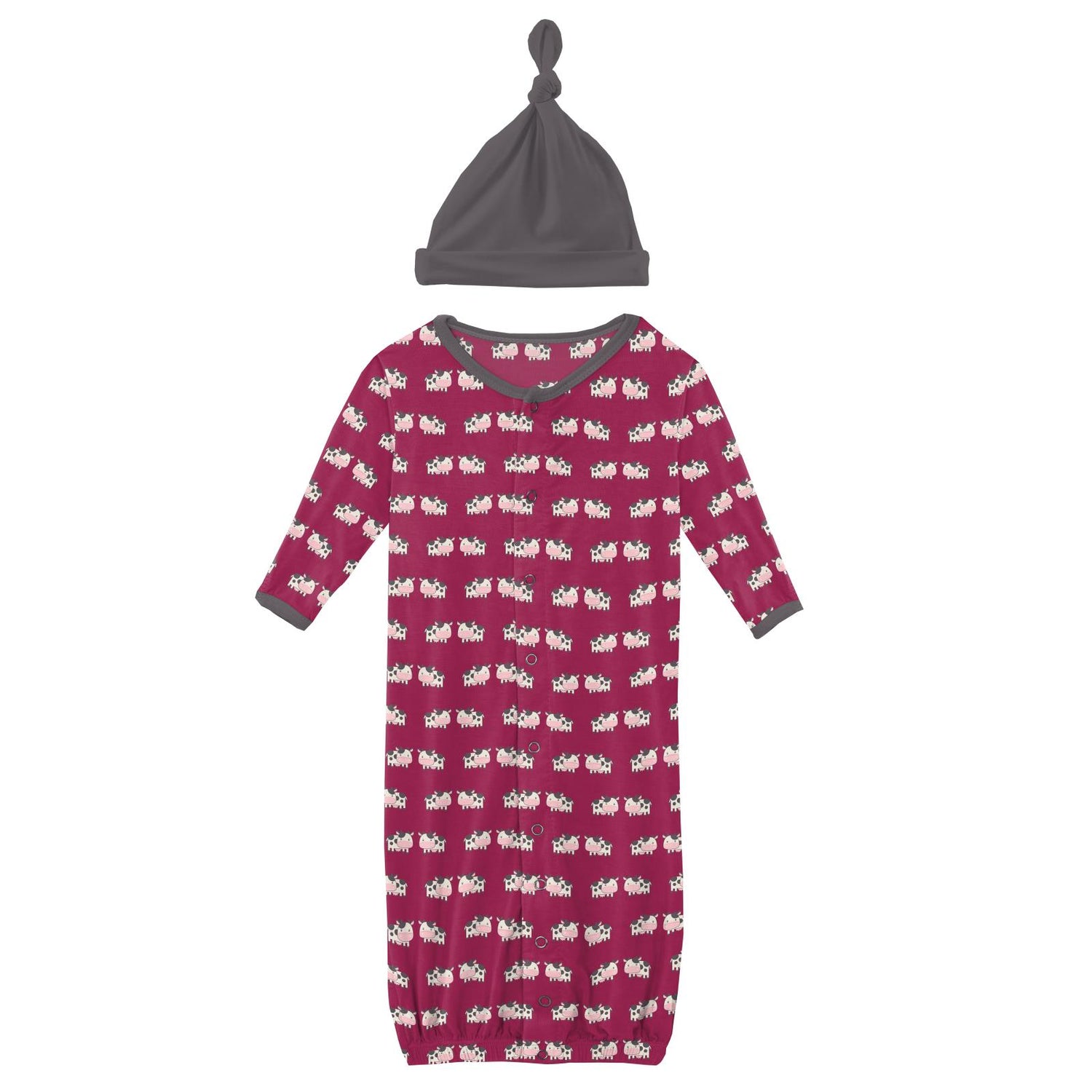 Print Layette Gown Converter & Single Knot Hat Set in Berry Cow