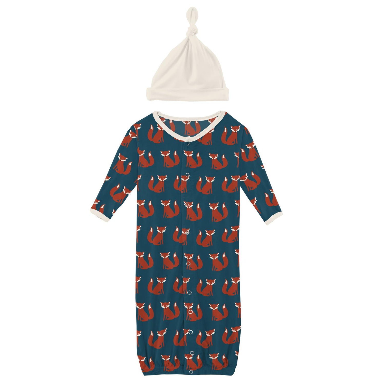 Print Layette Gown Converter & Single Knot Hat Set in Peacock Fox