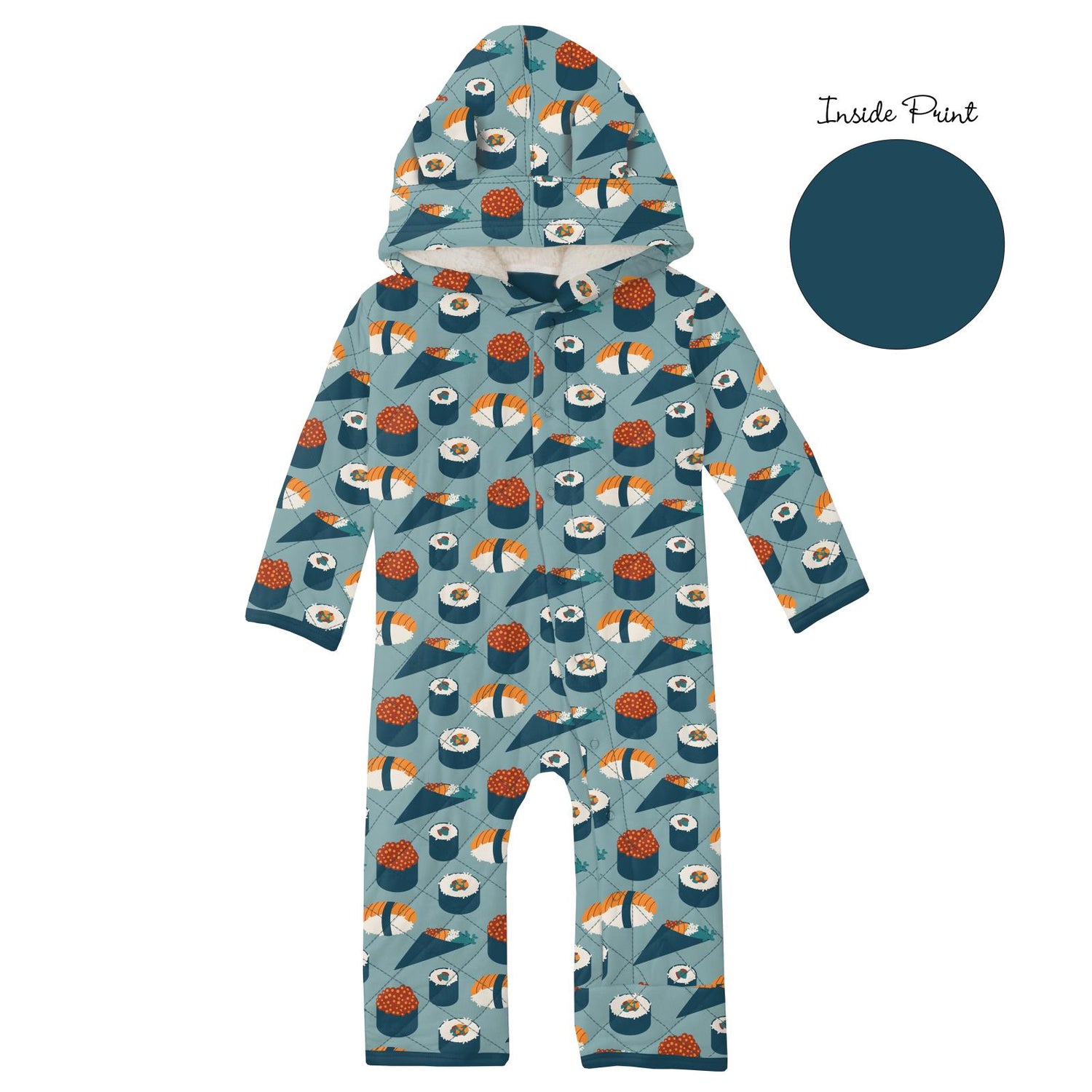 Print Quilted Hoodie Coverall with Sherpa-Lined Hood in Jade Sushi/Peacock