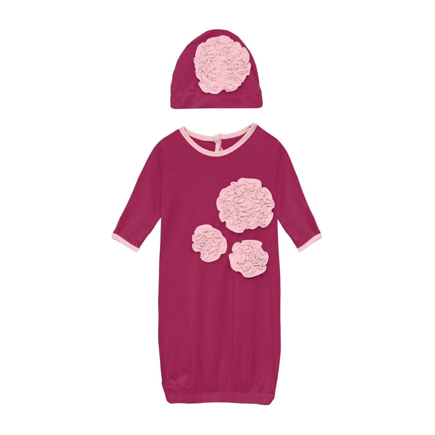 Dahlia Flower Layette Gown & Flower Hat Set in Berry with Lotus