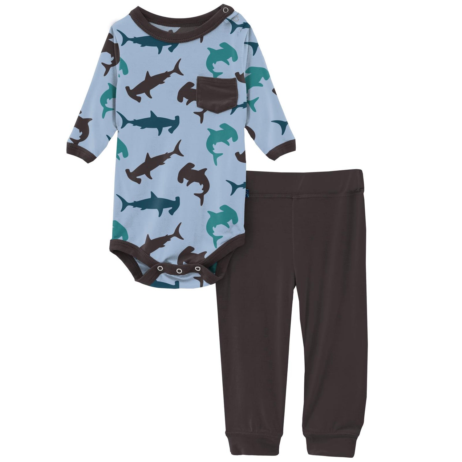 Print Long Sleeve Pocket One Piece and Pant Outfit Set in Pond Hammerhead
