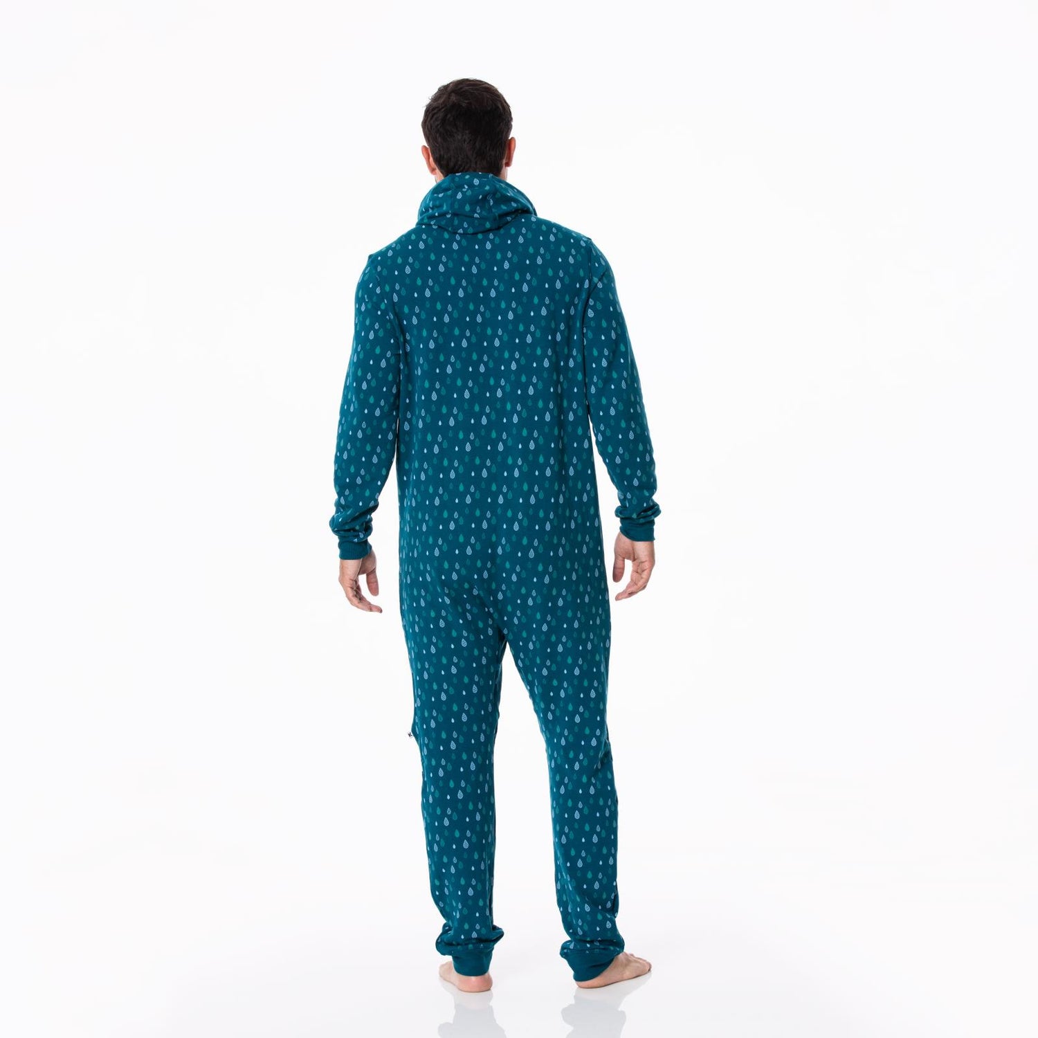 Print Adult Fleece Jumpsuit with Hood in Peacock Raindrops