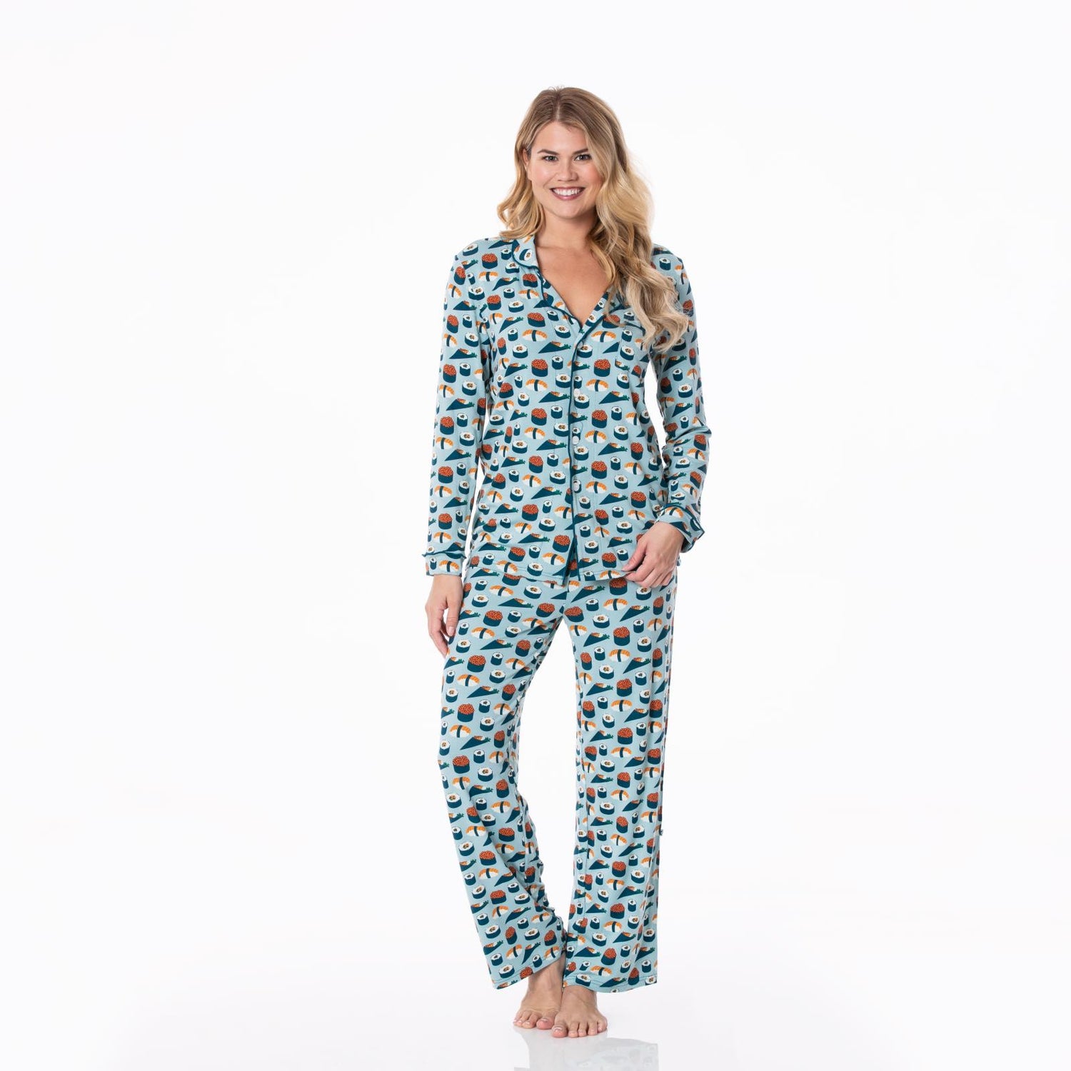 Women's Print Long Sleeve Collared Pajama Set in Jade Sushi