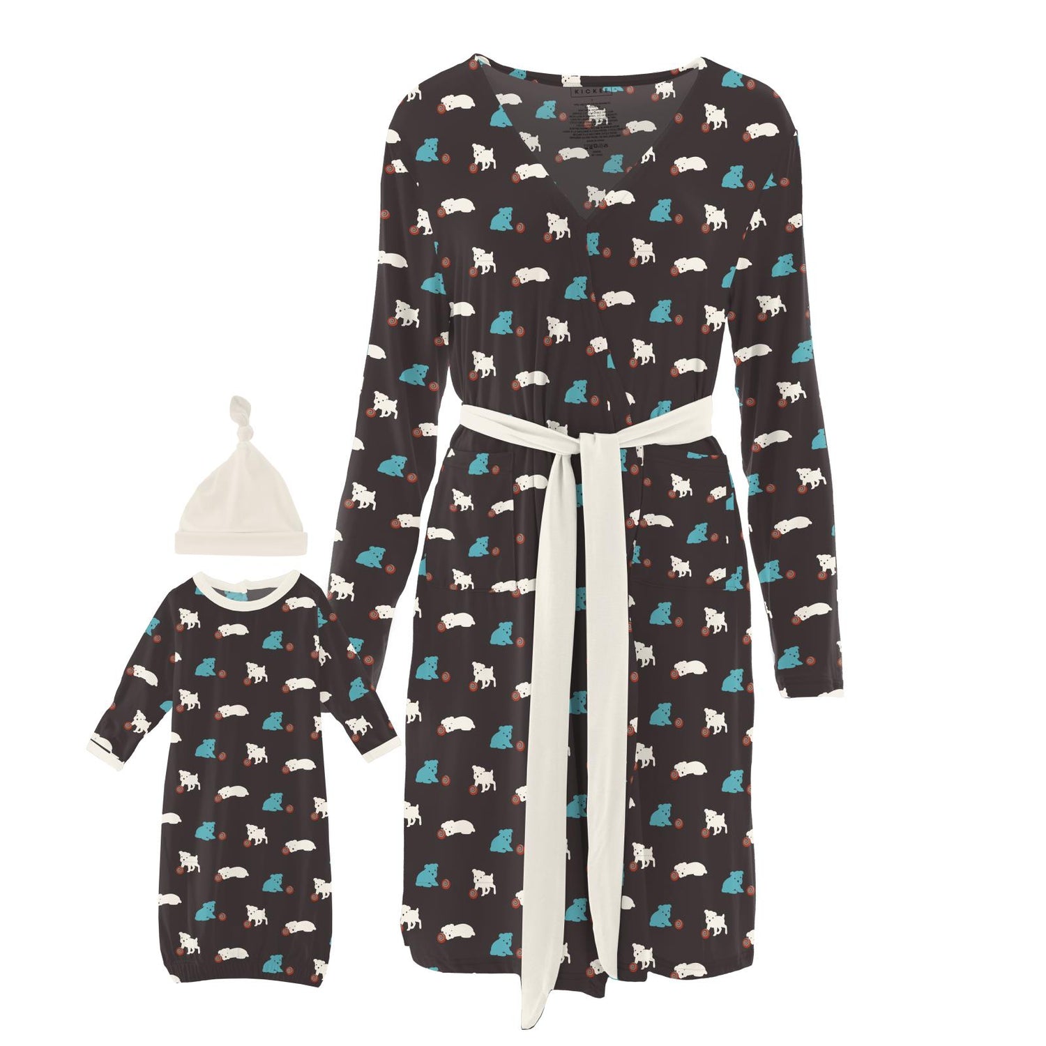 Women's Print Maternity/Nursing Robe & Layette Gown Set in Midnight Puppy