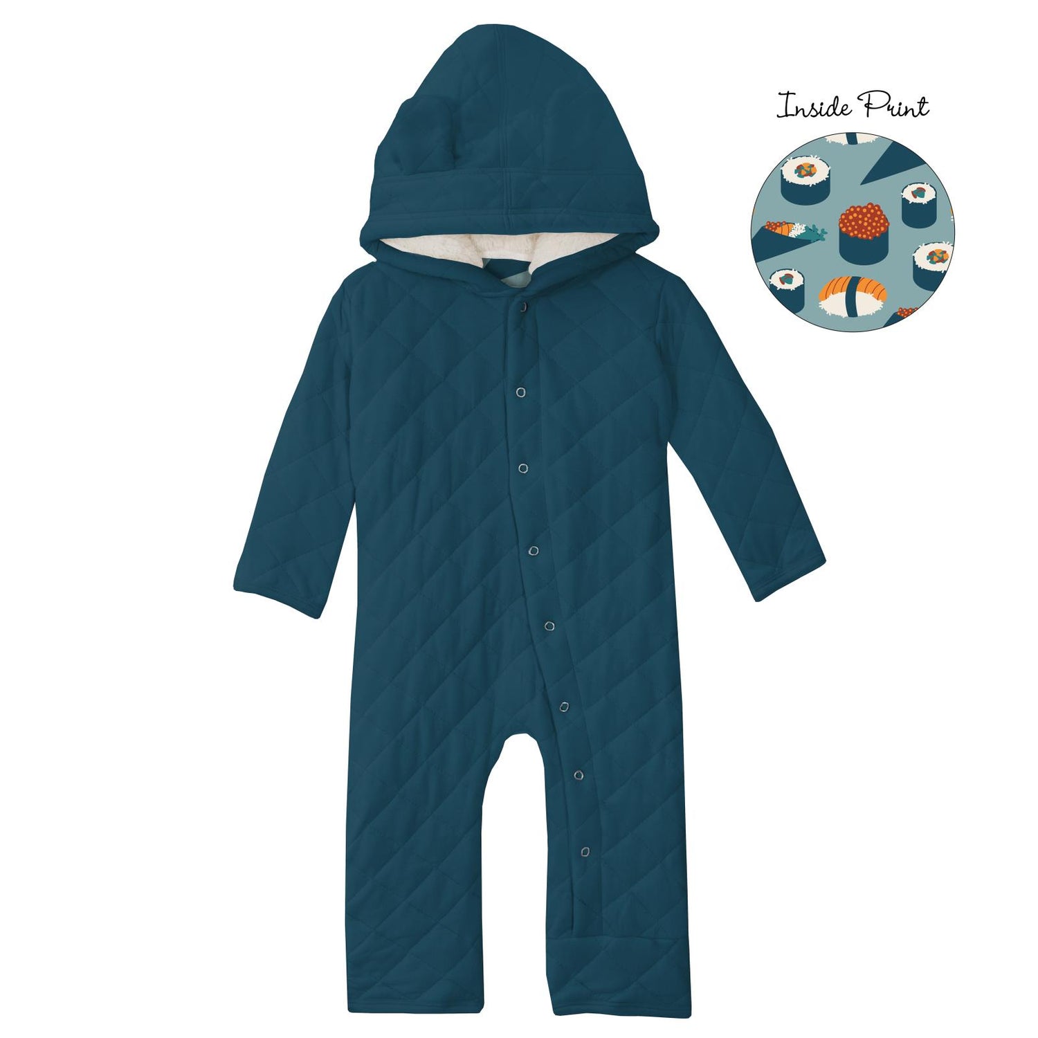 Print Quilted Hoodie Coverall with Sherpa-Lined Hood in Peacock/Jade Sushi