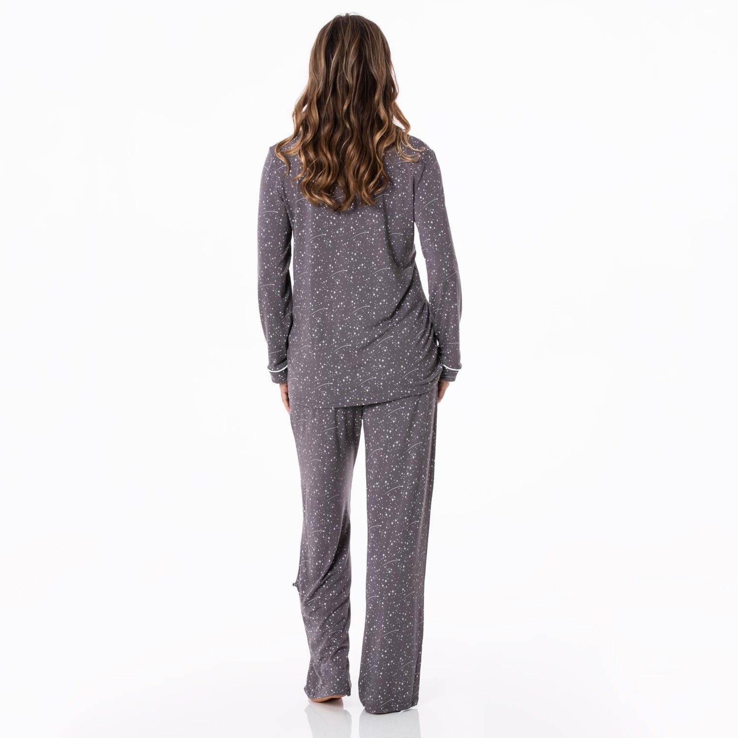 Women's Print Long Sleeve Collared Pajama Set in Rain Shooting Stars