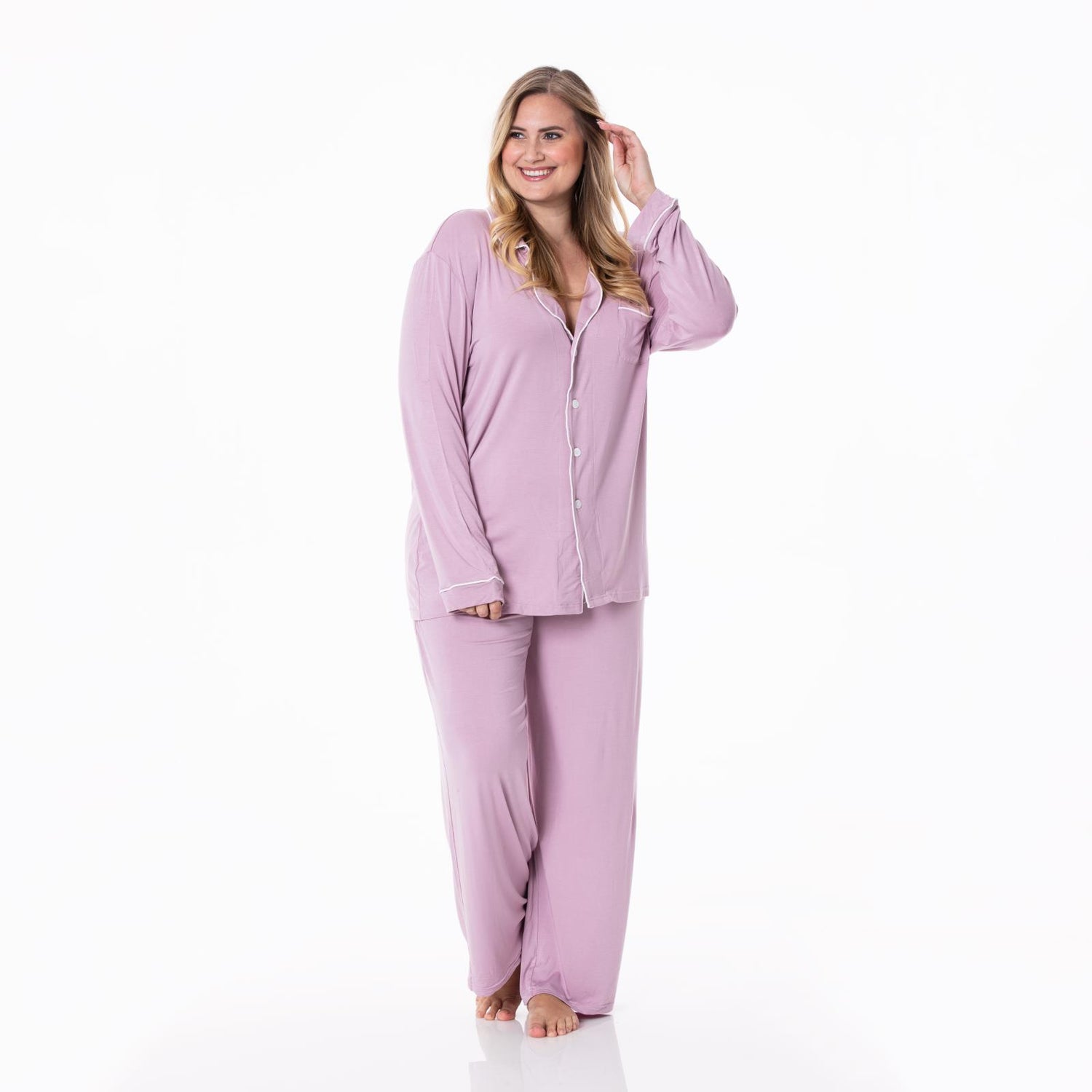 Women's Long Sleeved Collared Pajama Set in Sweet Pea with Natural