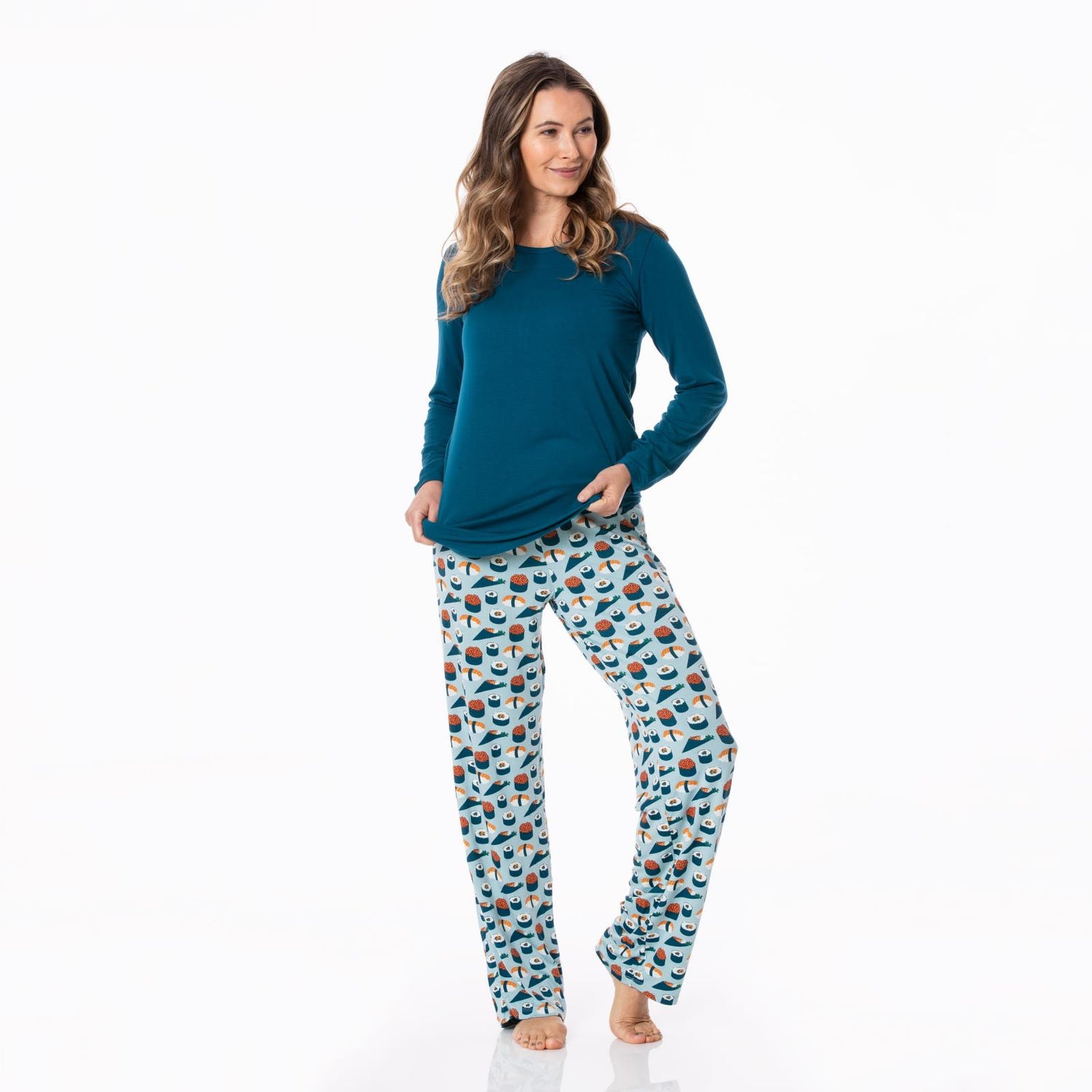 Women's Long Sleeve Loosey Goosey Tee & Pajama Pants Set in Jade Sushi