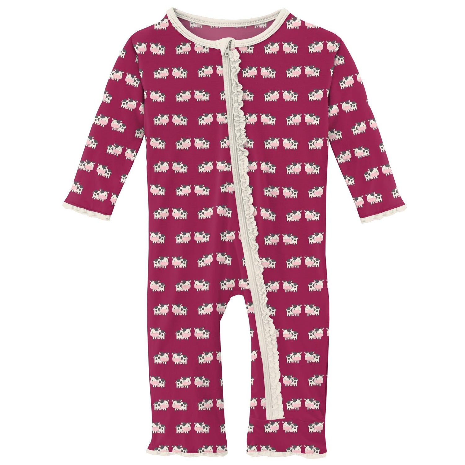 Print Muffin Ruffle Coverall with Zipper in Berry Cow