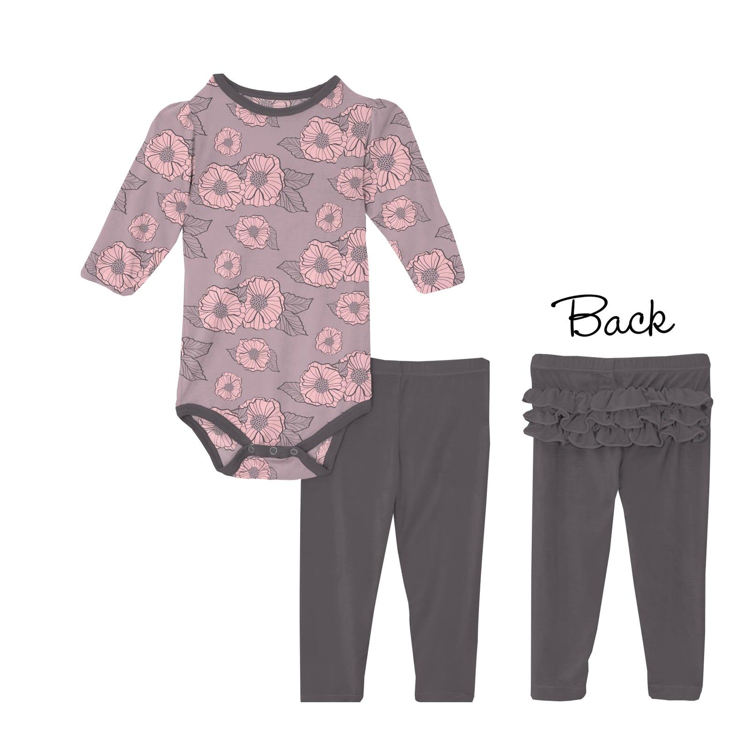 Print Long Sleeve Puff One Piece and Ruffle Leggings Outfit Set in Sweet Pea Poppies