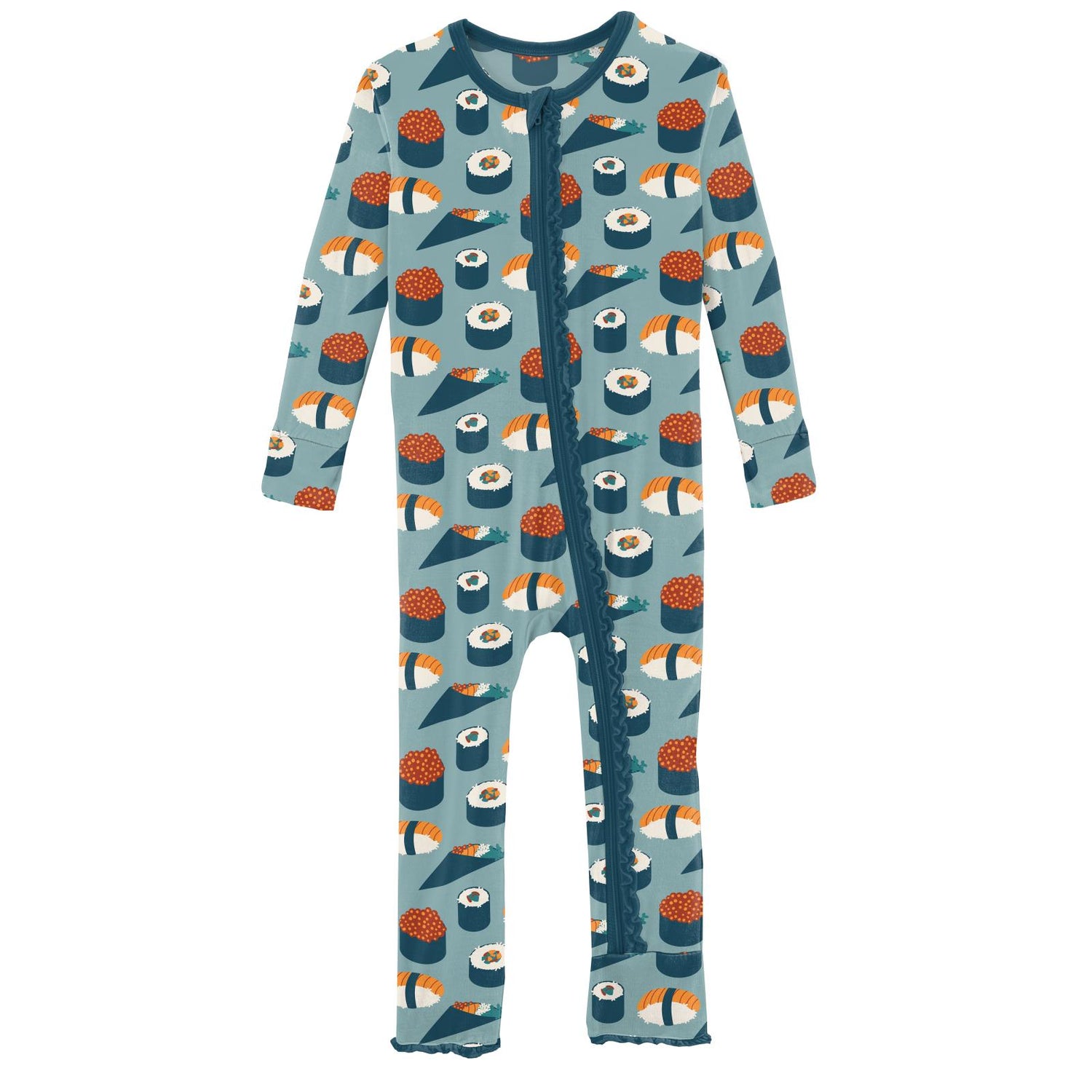 Print Muffin Ruffle Coverall with Zipper in Jade Sushi