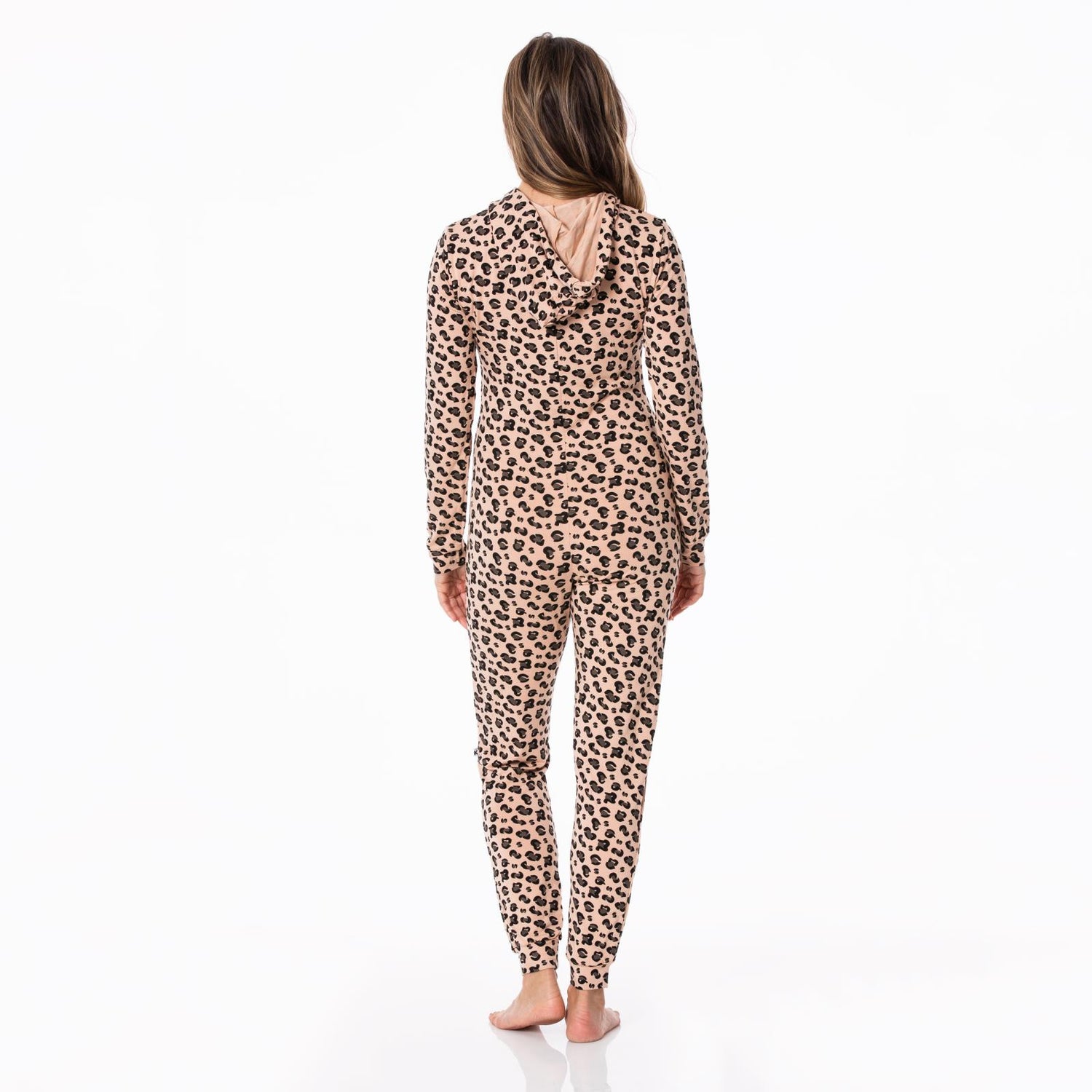 Women's Print Long Sleeve Jumpsuit with Hood in Suede Cheetah Print