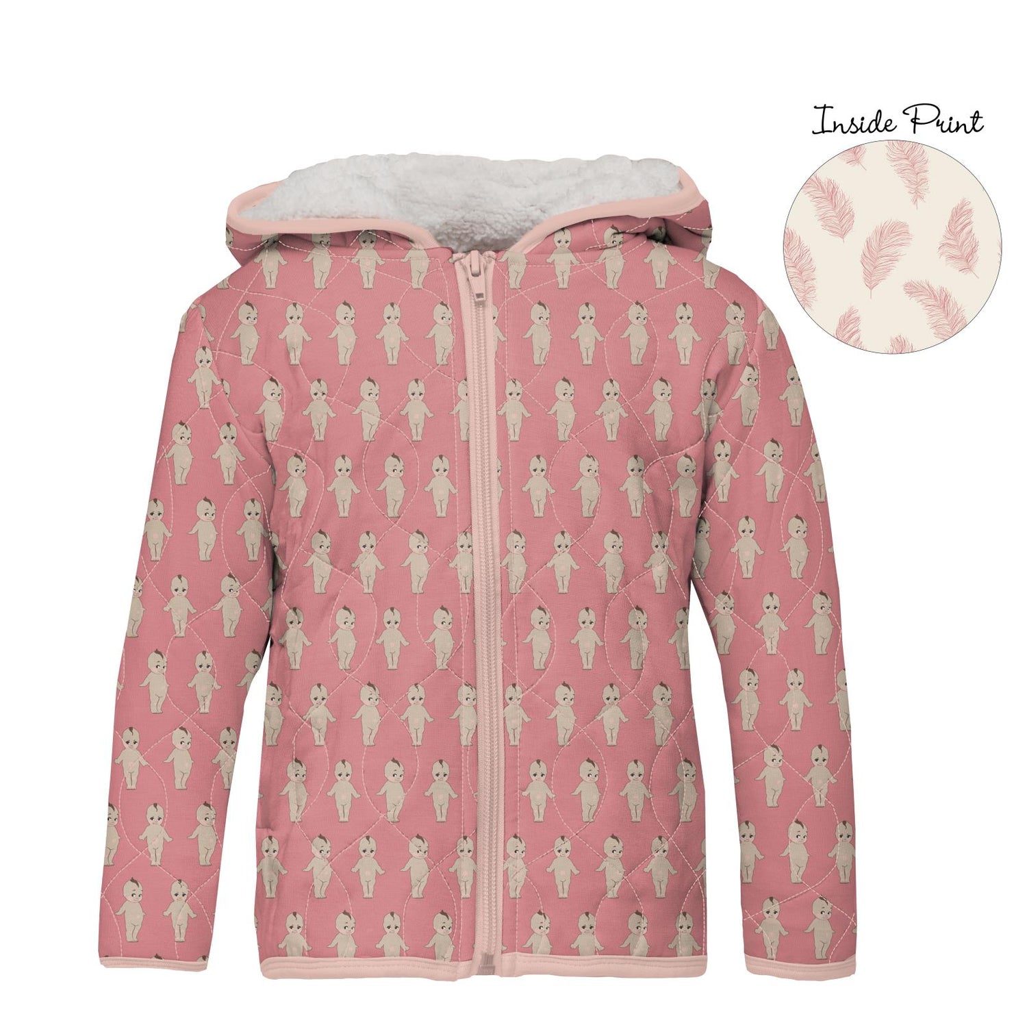 Print Quilted Jacket with Sherpa-Lined Hood in Desert Rose Baby Doll/Natural Feathers