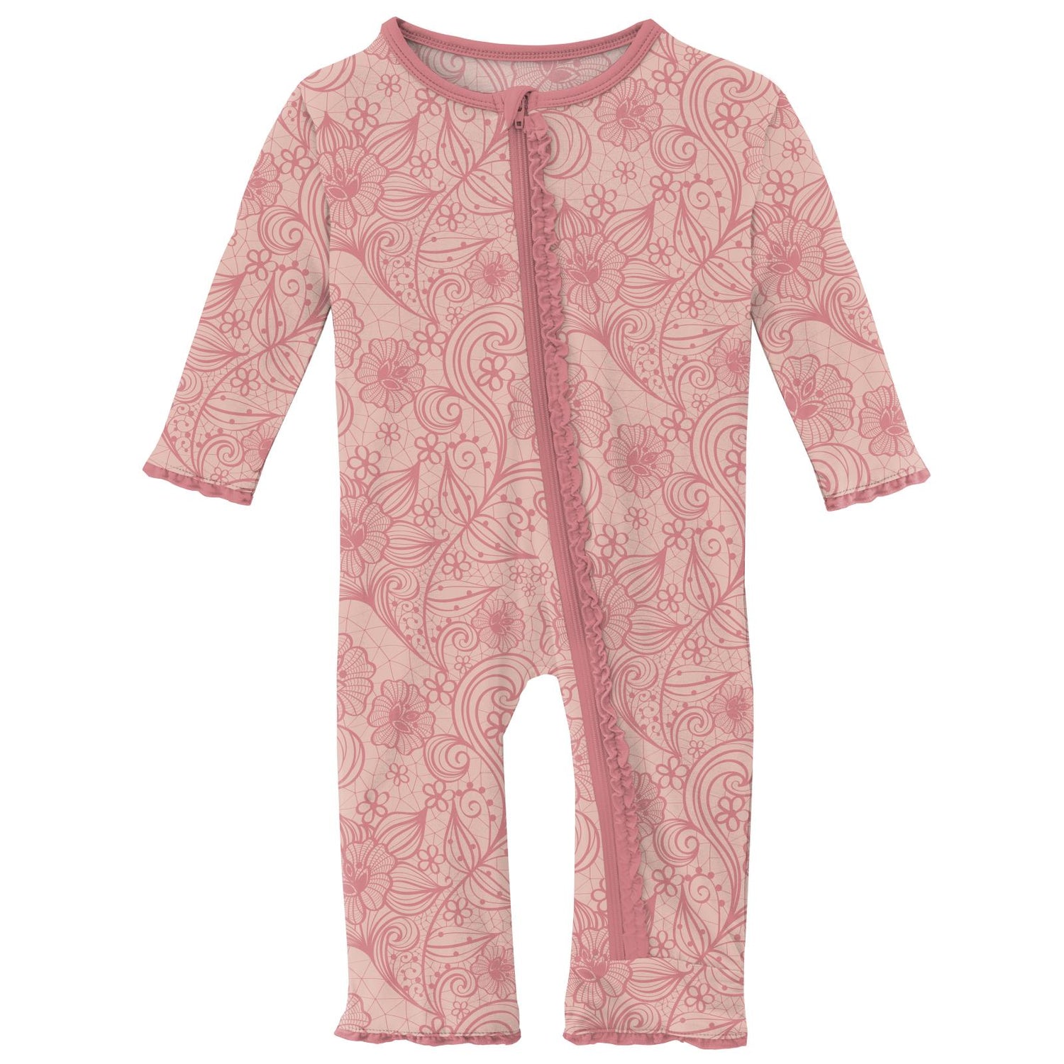 Print Muffin Ruffle Coverall with Zipper in Peach Blossom Lace