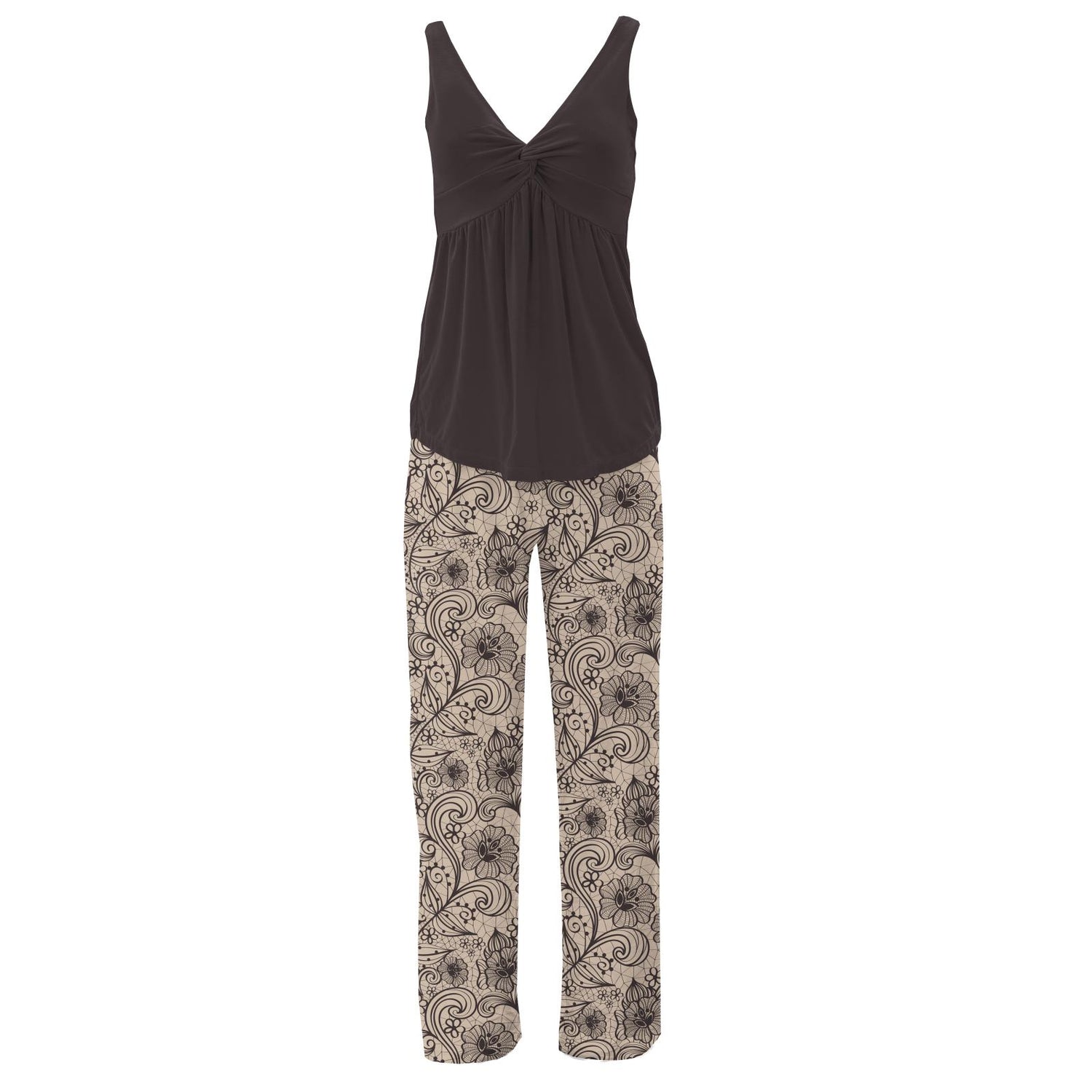 Women's Print Twist Tank and Pajama Pants Set in Burlap Lace