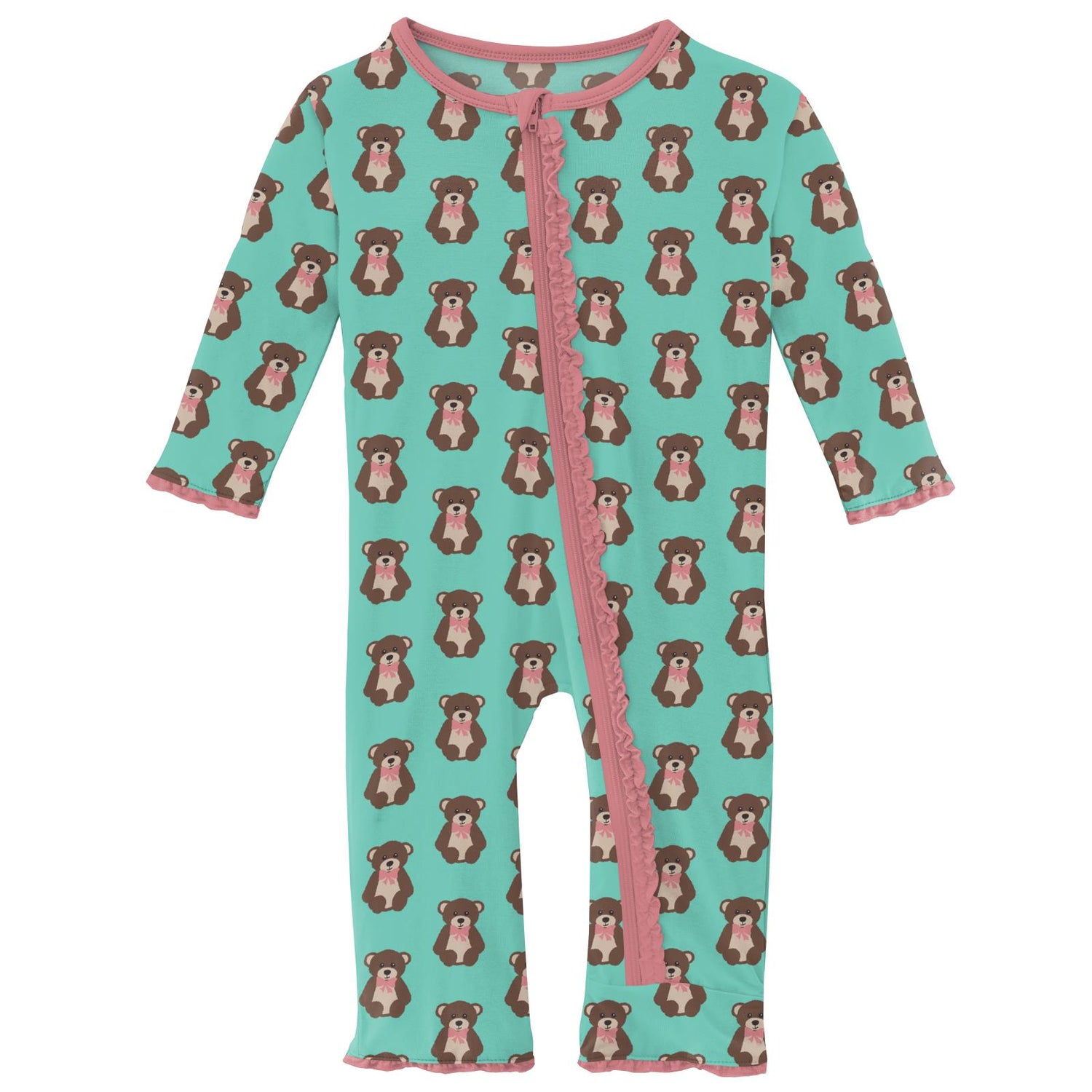 Print Muffin Ruffle Coverall with Zipper in Glass Teddy Bear