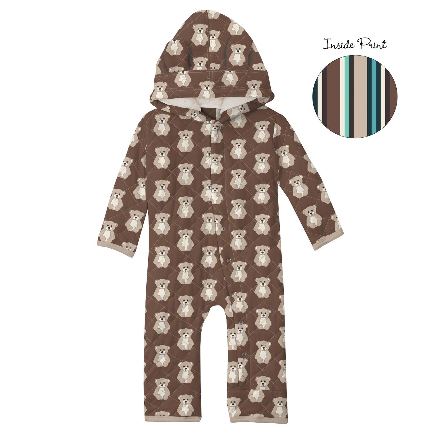 Print Quilted Hoodie Coverall with Sherpa-Lined Hood in Cocoa Teddy Bear/Dad's Tie Stripe