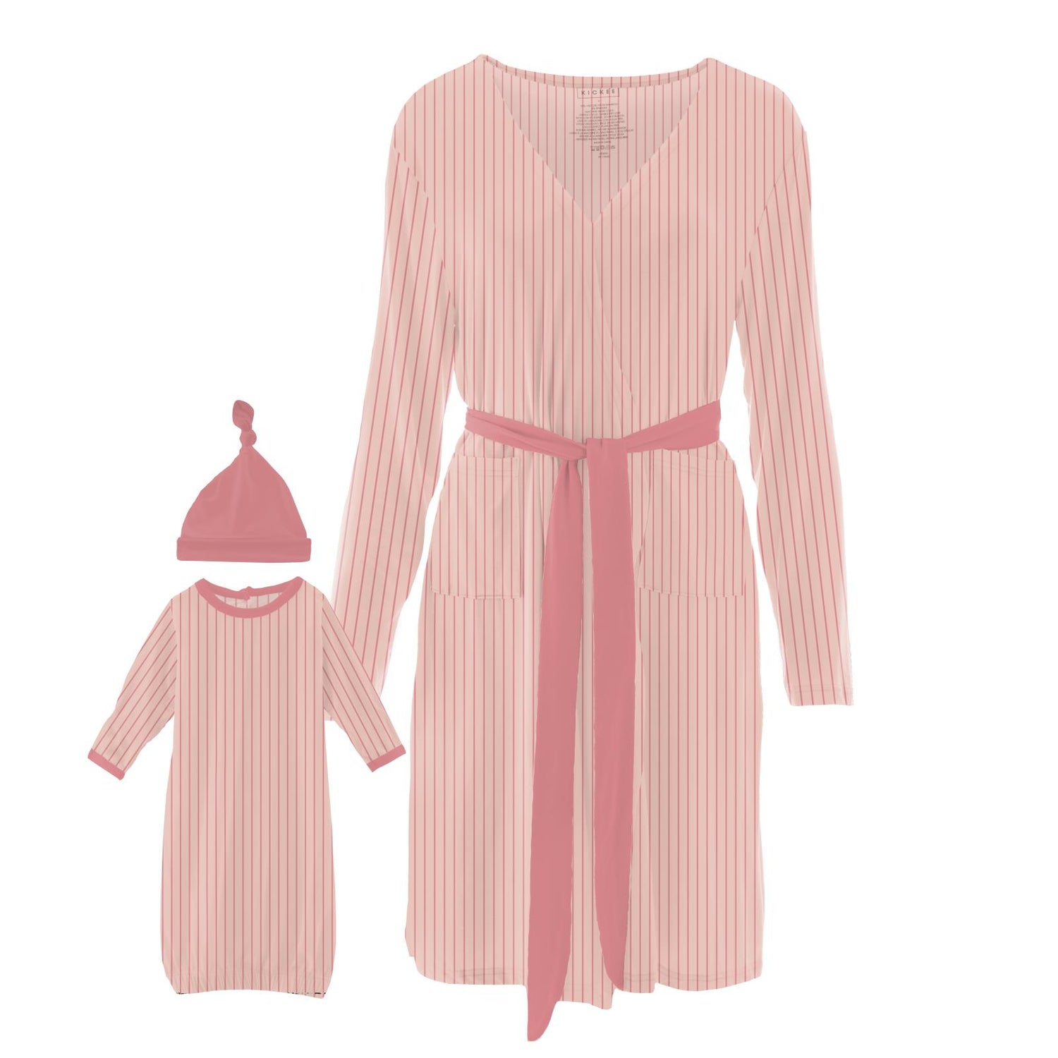 Women's Print Mid Length Lounge Robe & Layette Gown Set in Pinstripe