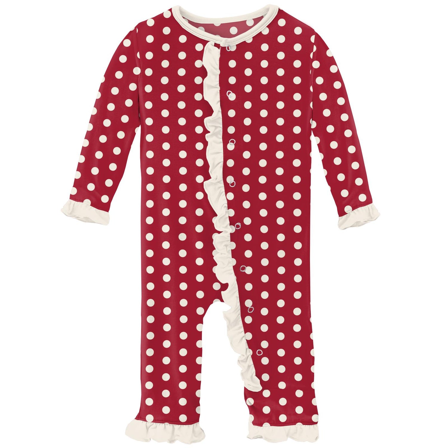 Print Classic Ruffle Coverall with Snaps in Candy Apple Polka Dots