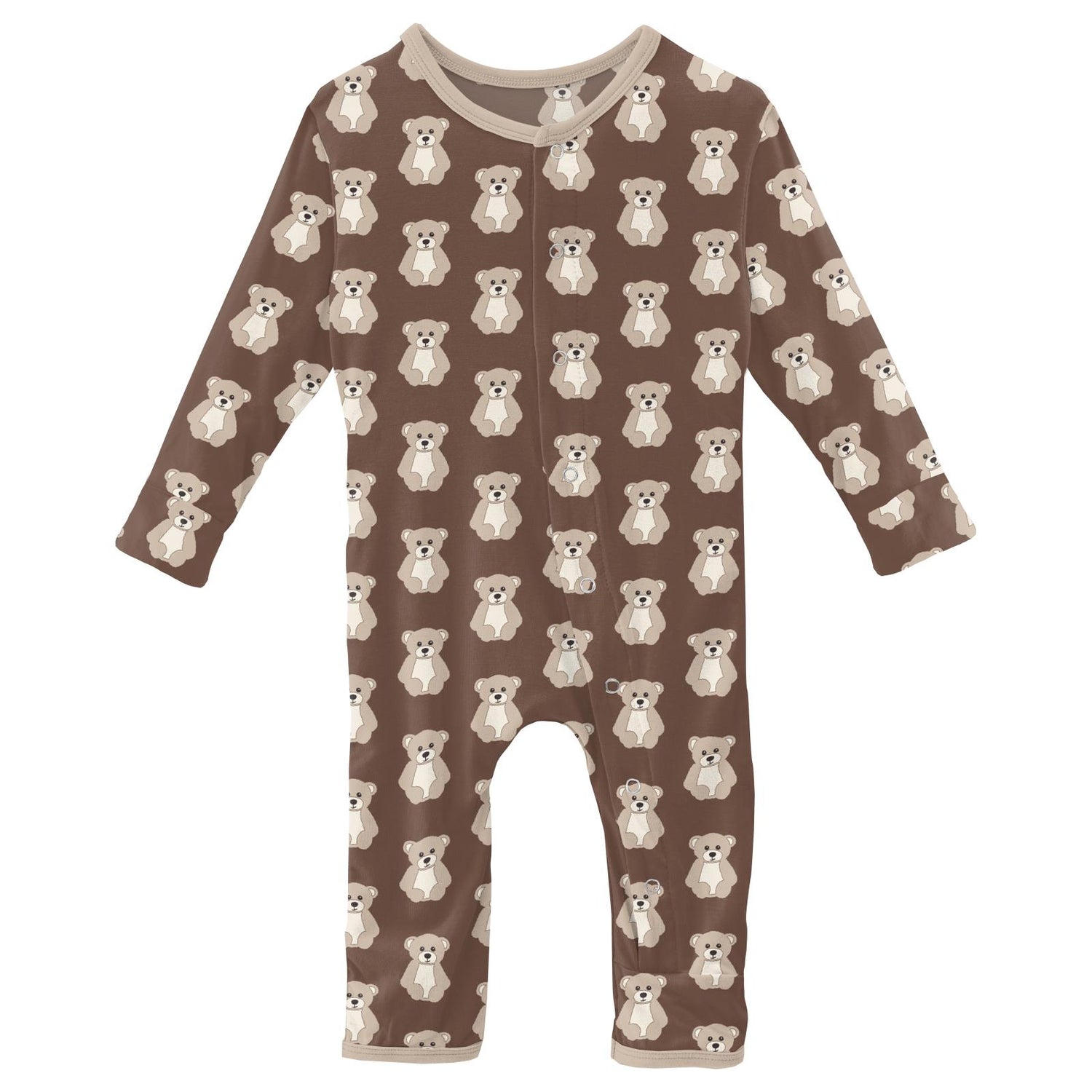Print Coverall with Snaps in Cocoa Teddy Bear