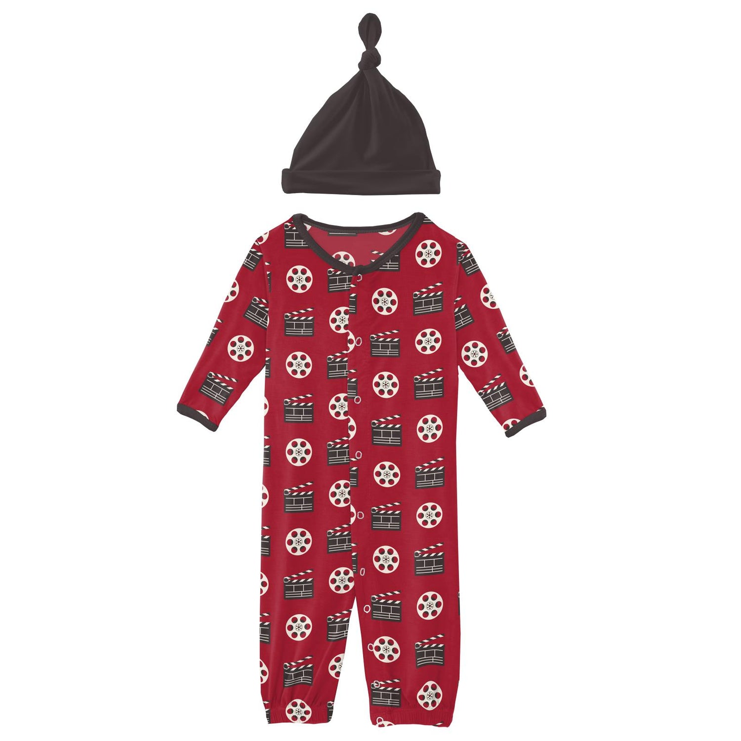 Print Layette Gown Converter & Single Knot Hat Set in Candy Apple Clapper Board and Film